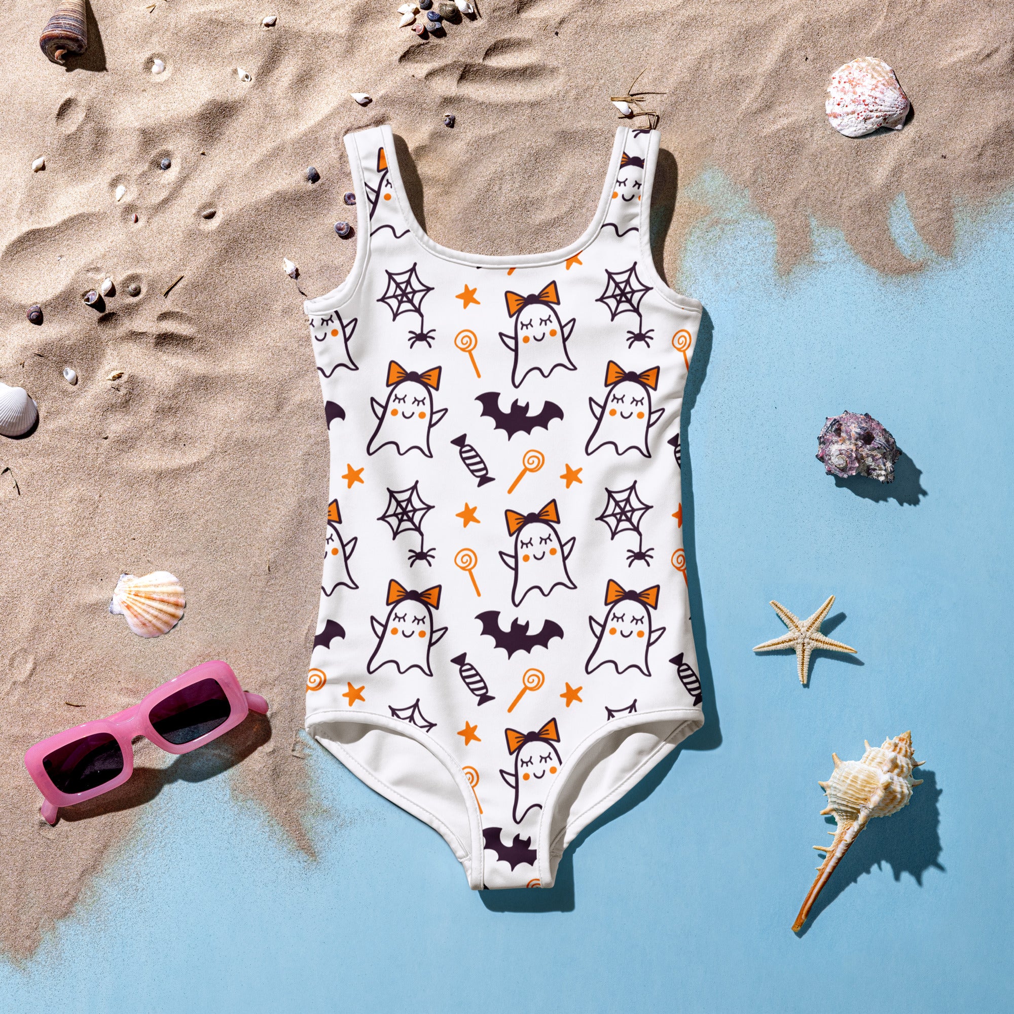 Girls Cute Ghost Halloween One Piece Swimsuit – Buttery Soft UPF 50+ Sun Protection, Quick Dry, Double Layered Front & 4-Way Stretch