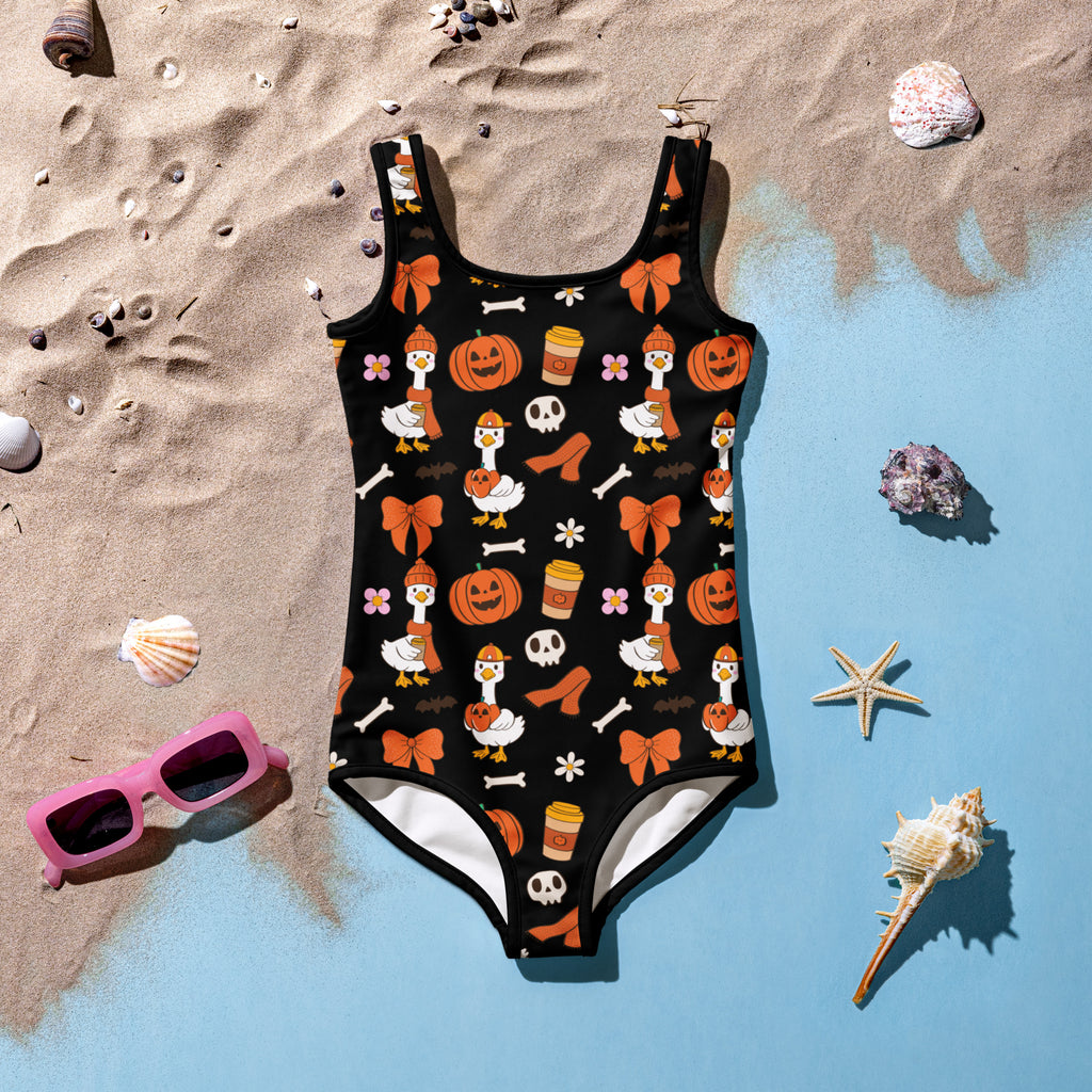 Girls Halloween Goose One Piece Swimsuit – Buttery Soft UPF 50+ Sun Protection, Quick Dry, Double Layered Front & 4-Way Stretch