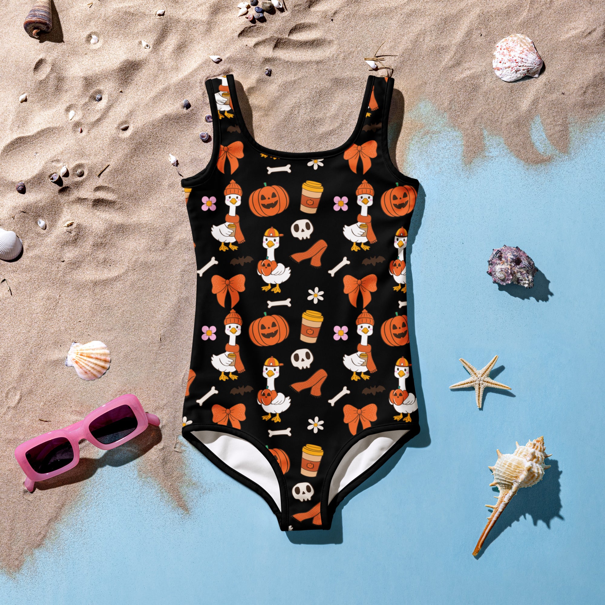 Girls Halloween Goose One Piece Swimsuit – Buttery Soft UPF 50+ Sun Protection, Quick Dry, Double Layered Front & 4-Way Stretch