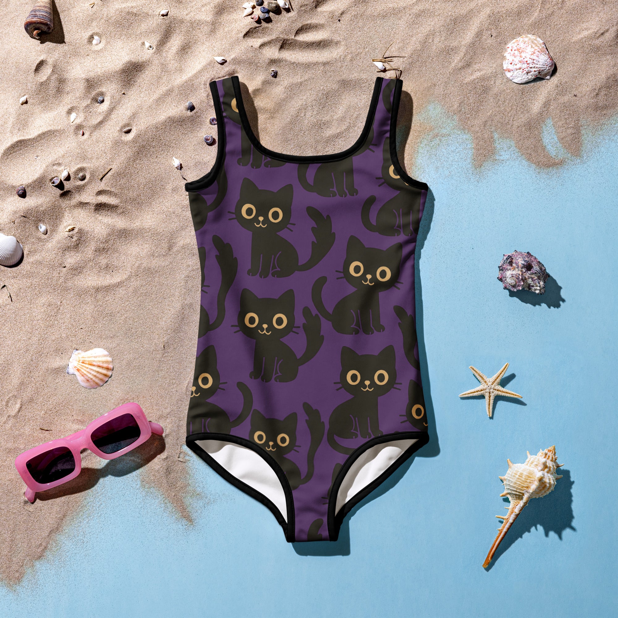 Girls Black Cat One Piece Swimsuit – Buttery Soft UPF 50+ Sun Protection, Quick Dry, Double Layered Front & 4-Way Stretch