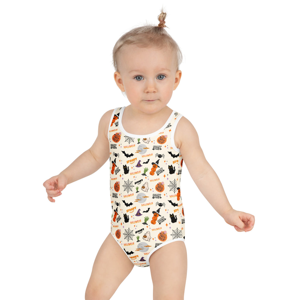 Girls Halloween Icons One Piece Swimsuit – Buttery Soft UPF 50+ Sun Protection, Quick Dry, Double Layered Front & 4-Way Stretch