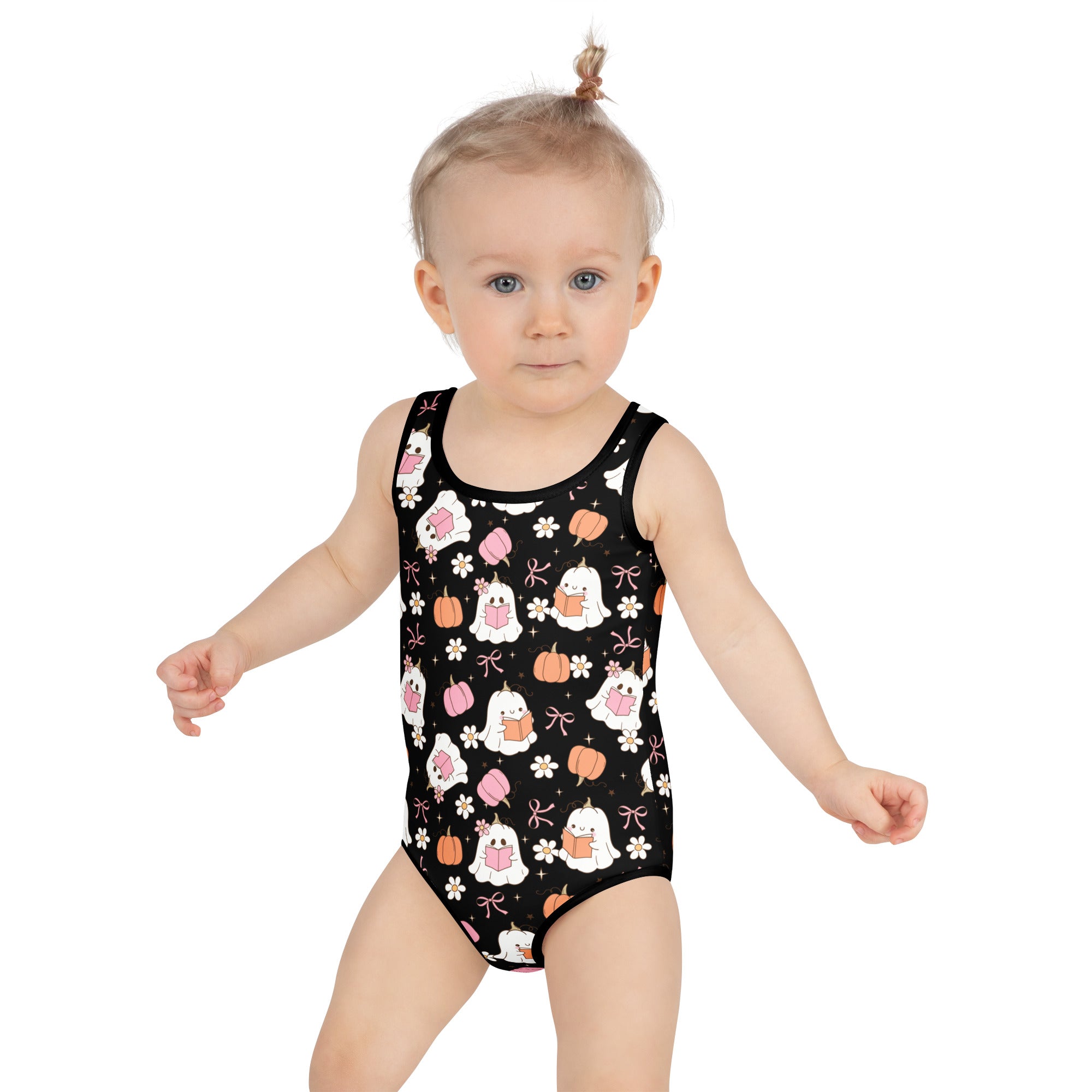 Girls Black Ghost Pumpkin One Piece Swimsuit – Buttery Soft UPF 50+ Sun Protection, Quick Dry, Double Layered Front & 4-Way Stretch