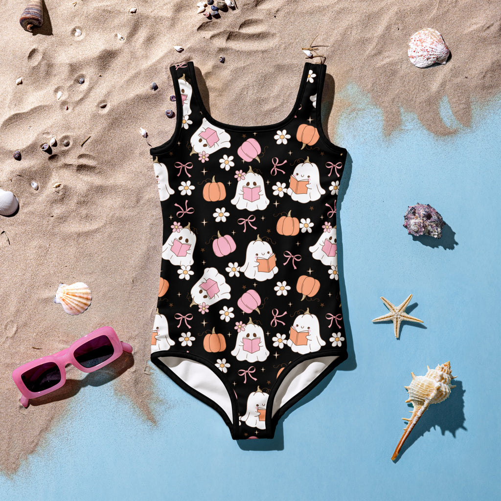 Girls Black Ghost Pumpkin One Piece Swimsuit – Buttery Soft UPF 50+ Sun Protection, Quick Dry, Double Layered Front & 4-Way Stretch