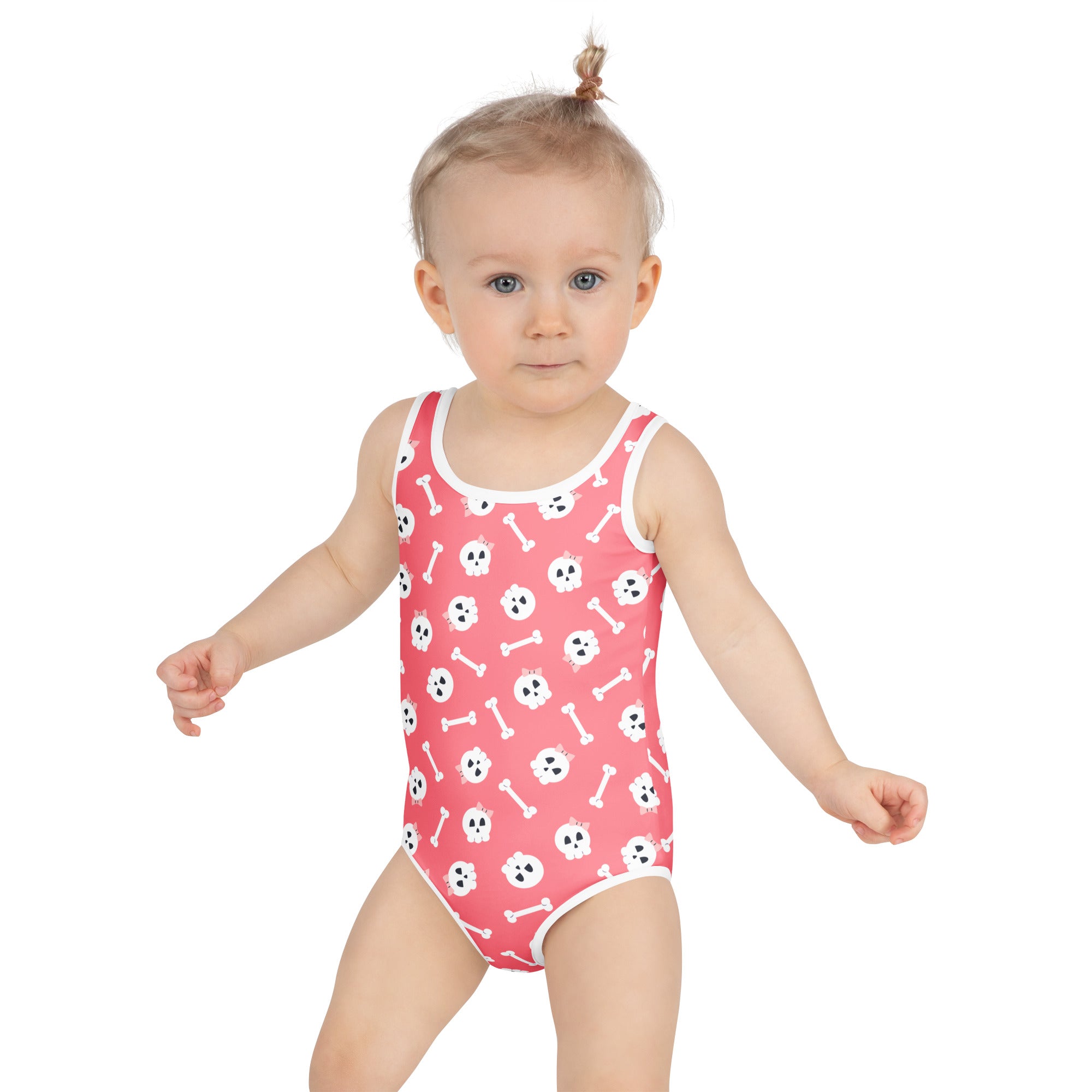 Girls Pink Skulls Halloween One Piece Swimsuit – Buttery Soft UPF 50+ Sun Protection, Quick Dry, Double Layered Front & 4-Way Stretch