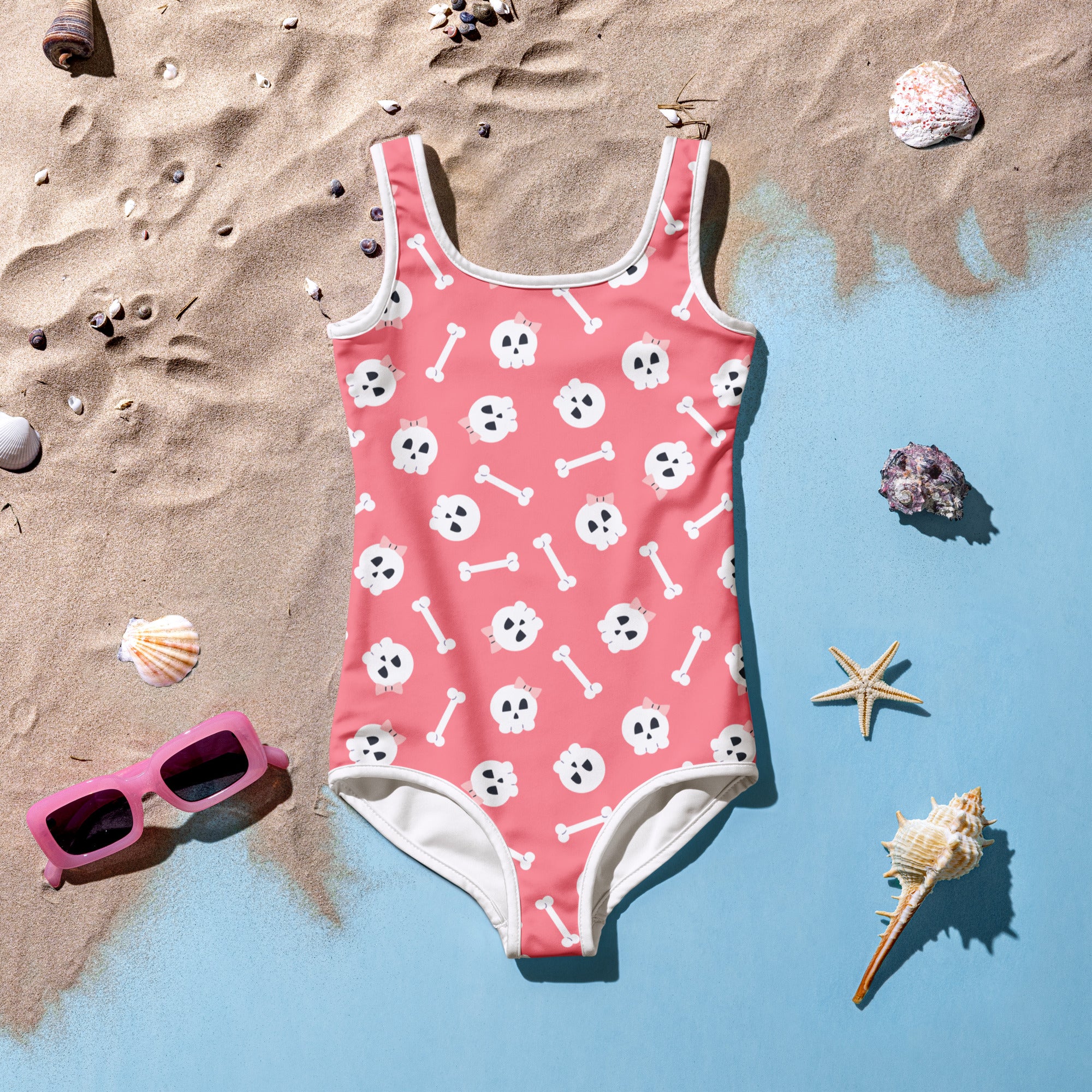 Girls Pink Skulls Halloween One Piece Swimsuit – Buttery Soft UPF 50+ Sun Protection, Quick Dry, Double Layered Front & 4-Way Stretch