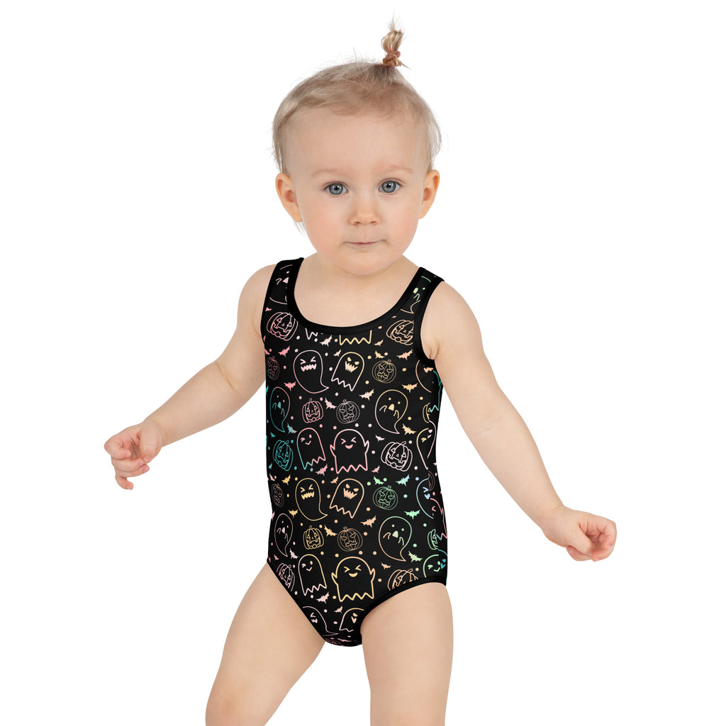 Girls Colorful Pastel Ghost Halloween One Piece Swimsuit – Buttery Soft UPF 50+ Sun Protection, Quick Dry, Double Layered Front & 4-Way Stretch