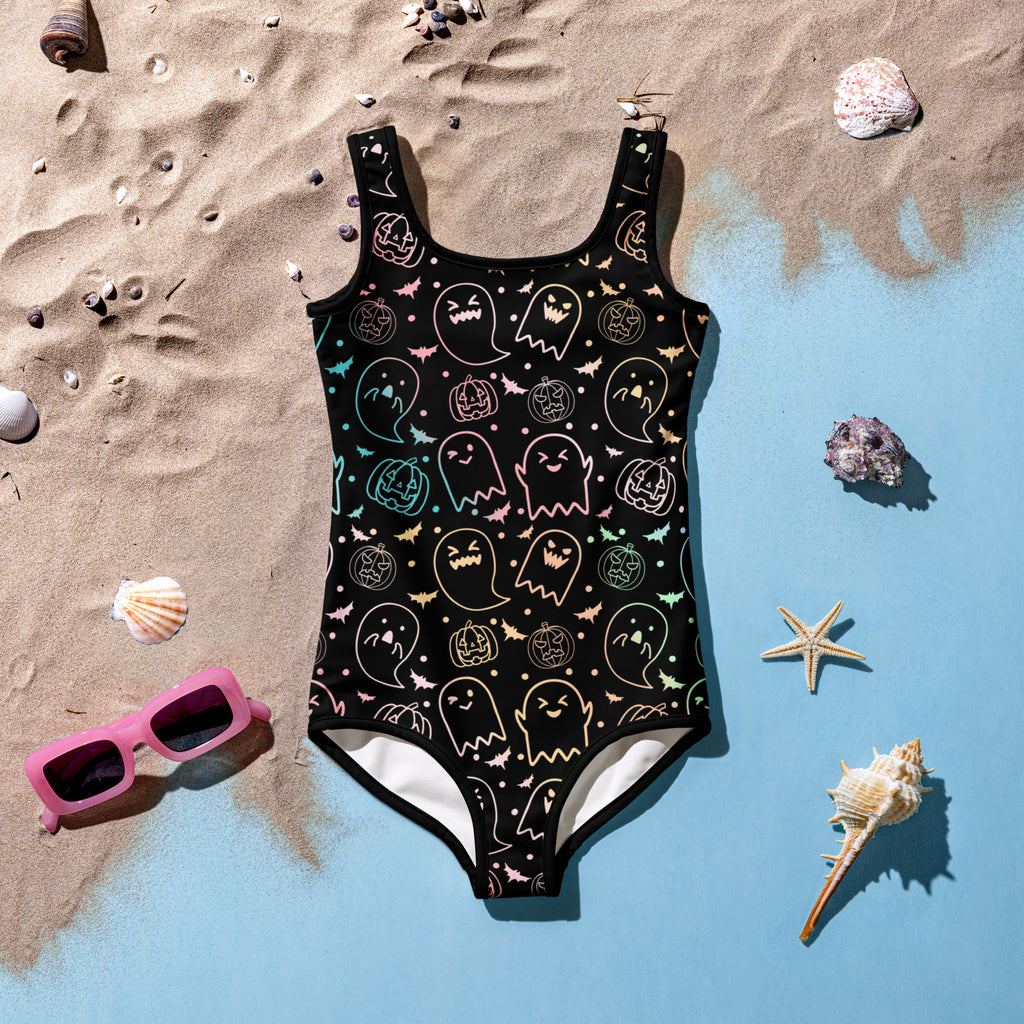 Girls Colorful Pastel Ghost Halloween One Piece Swimsuit – Buttery Soft UPF 50+ Sun Protection, Quick Dry, Double Layered Front & 4-Way Stretch