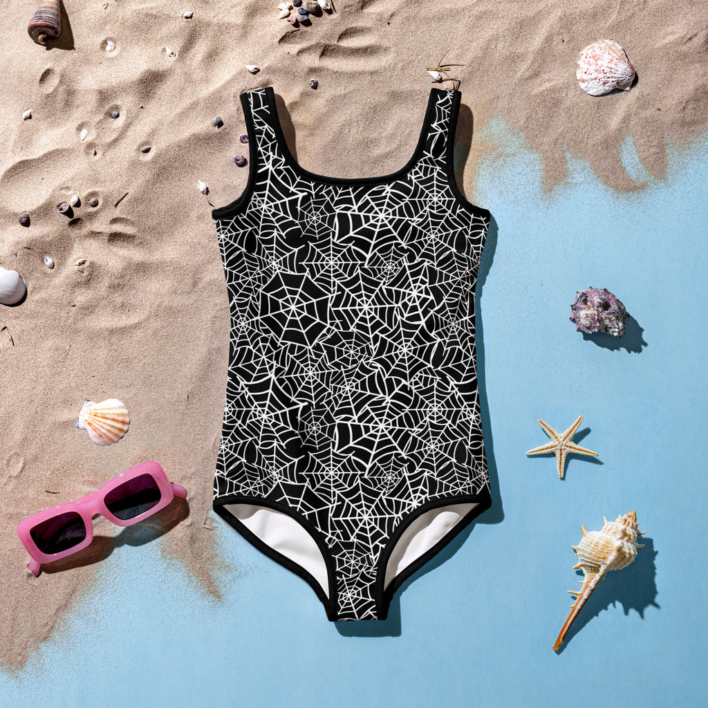 Girls Spiderweb Halloween One Piece Swimsuit – Buttery Soft UPF 50+ Sun Protection, Quick Dry, Double Layered Front & 4-Way Stretch