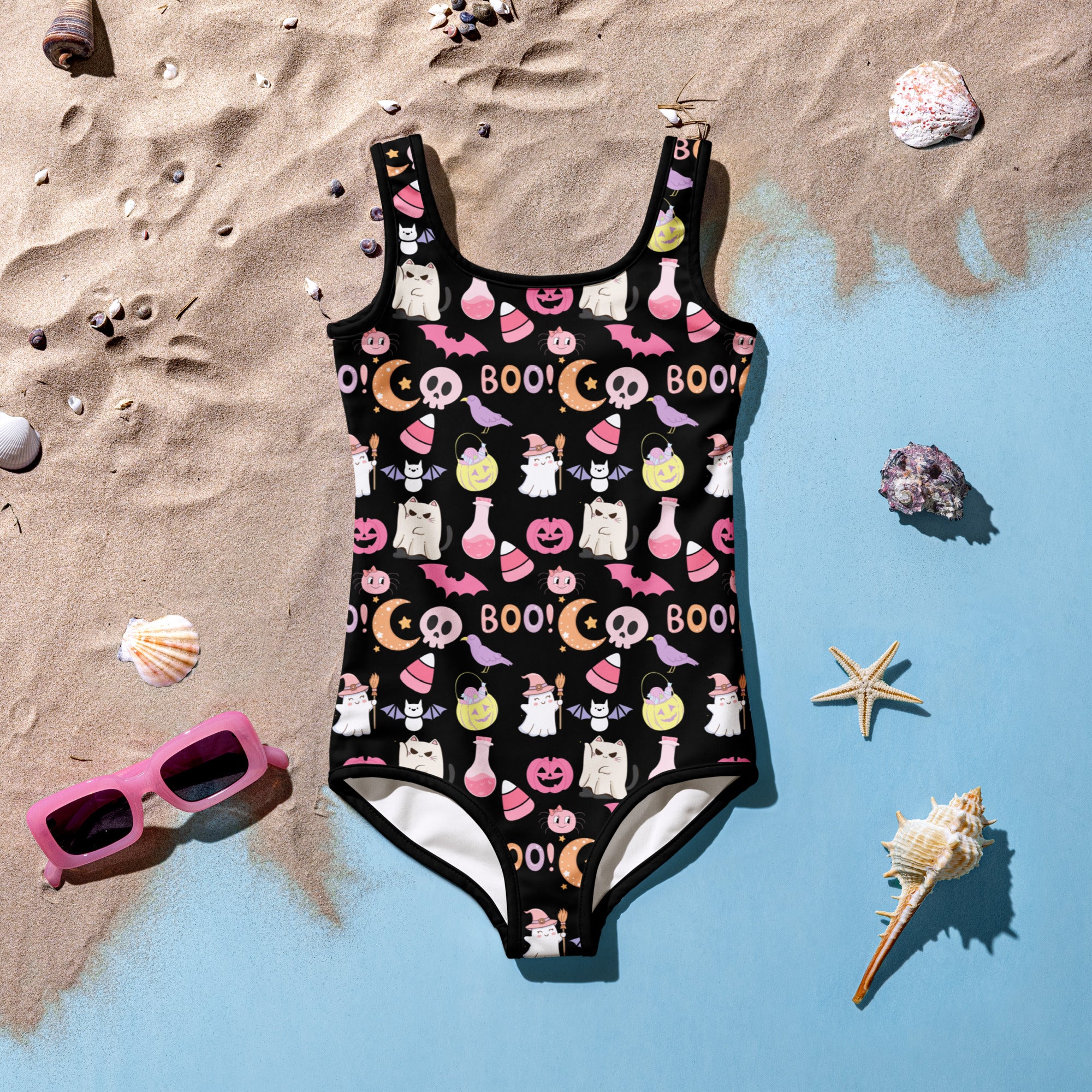 Girls Cute Halloween One Piece Swimsuit – Buttery Soft UPF 50+ Sun Protection, Quick Dry, Double Layered Front & 4-Way Stretch