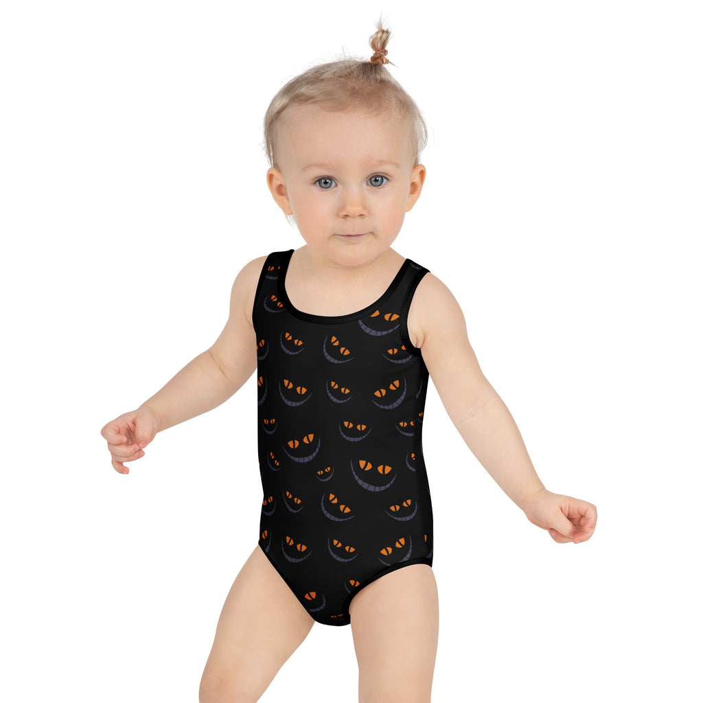 Girls Black Spooky Cat Eyes Halloween One Piece Swimsuit – Buttery Soft UPF 50+ Sun Protection, Quick Dry, Double Layered Front & 4-Way Stretch