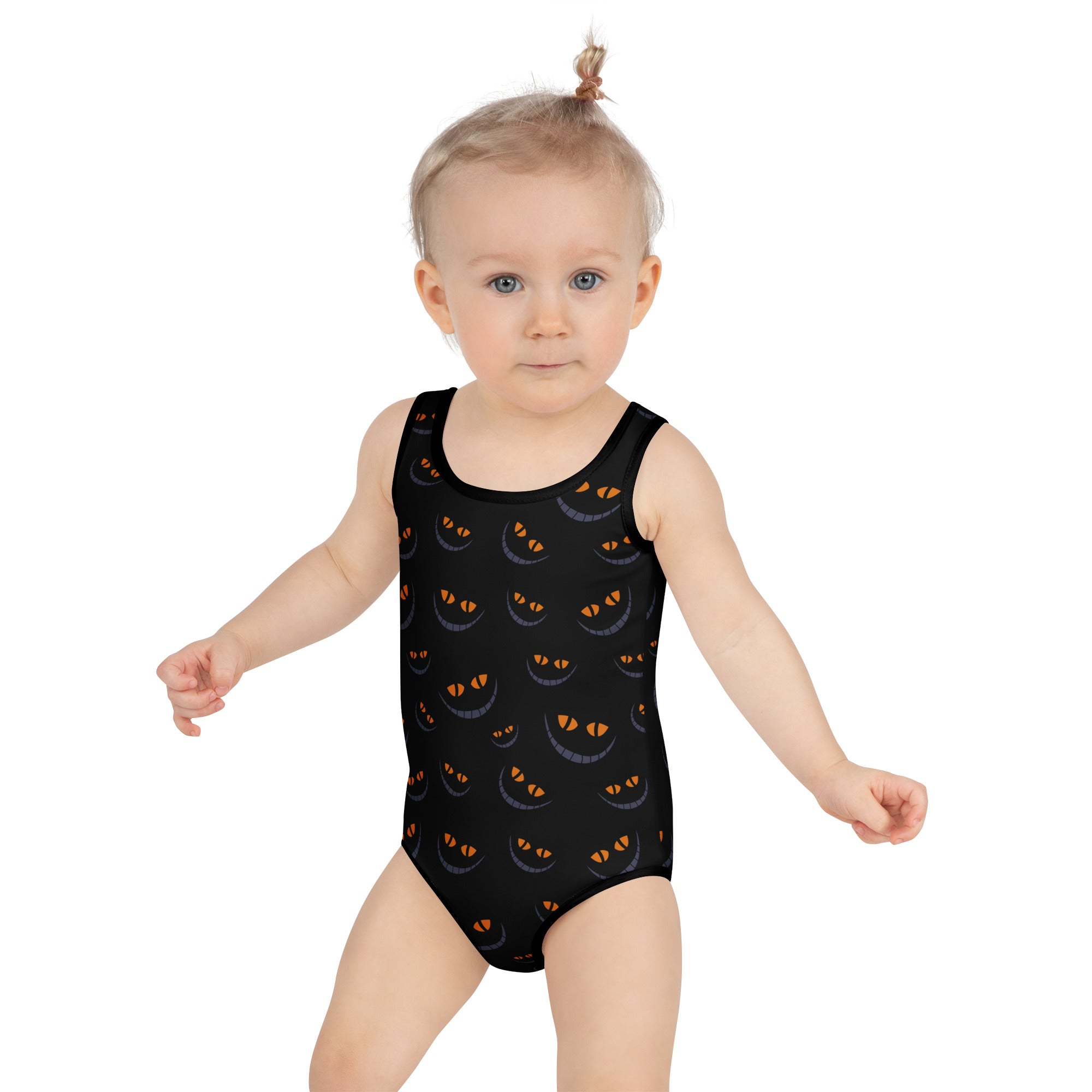 Girls Black Spooky Cat Eyes Halloween One Piece Swimsuit – Buttery Soft UPF 50+ Sun Protection, Quick Dry, Double Layered Front & 4-Way Stretch