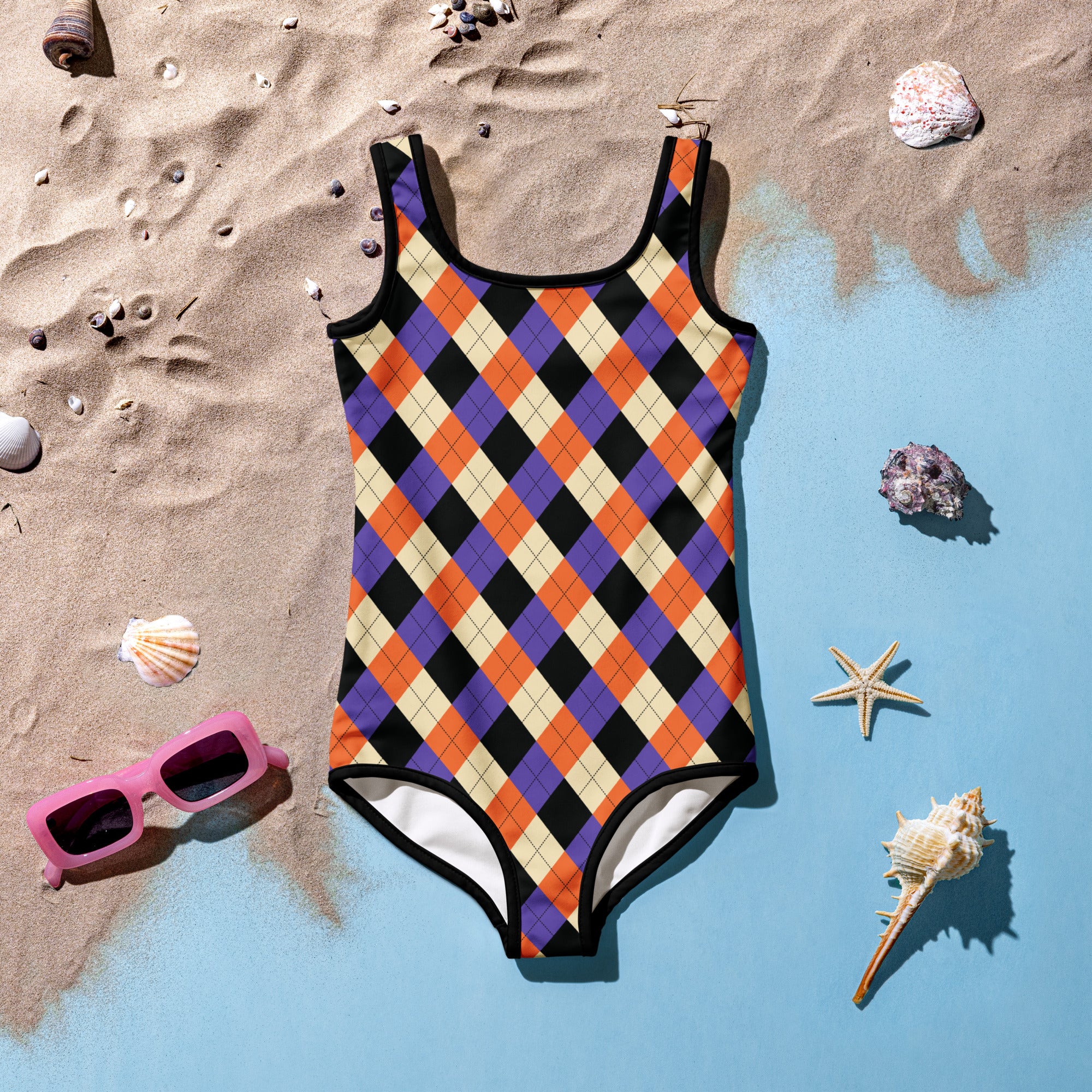 Girls Orange Purple Argyle Halloween One Piece Swimsuit – Buttery Soft UPF 50+ Sun Protection, Quick Dry, Double Layered Front & 4-Way Stretch