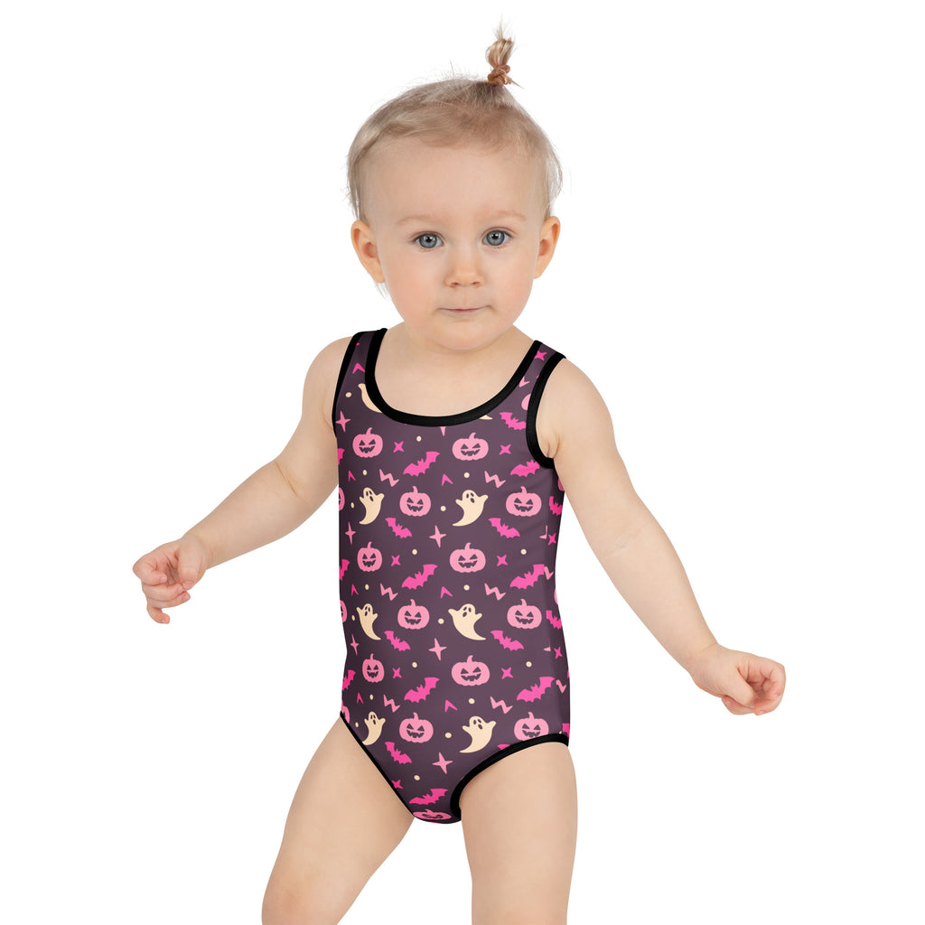 Girls Ghosts & Pumpkins Halloween One Piece Swimsuit – Buttery Soft UPF 50+ Sun Protection, Quick Dry, Double Layered Front & 4-Way Stretch