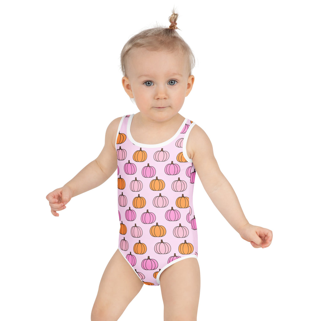 Girls Pink & Orange Pumpkin One Piece Swimsuit – Buttery Soft UPF 50+ Sun Protection, Quick Dry, Double Layered Front & 4-Way Stretch