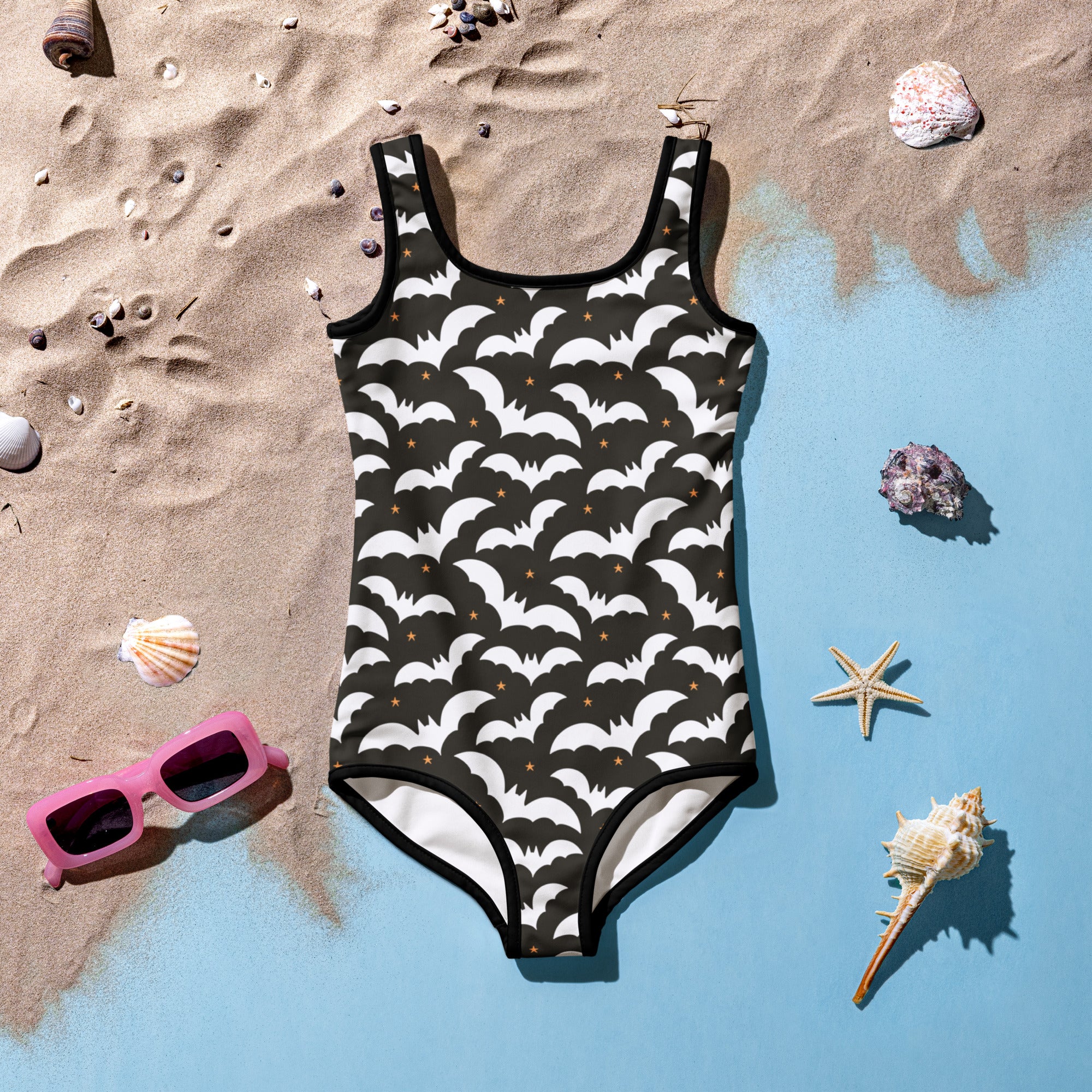 Girls Halloween Bats One Piece Swimsuit – Buttery Soft UPF 50+ Sun Protection, Quick Dry, Double Layered Front & 4-Way Stretch