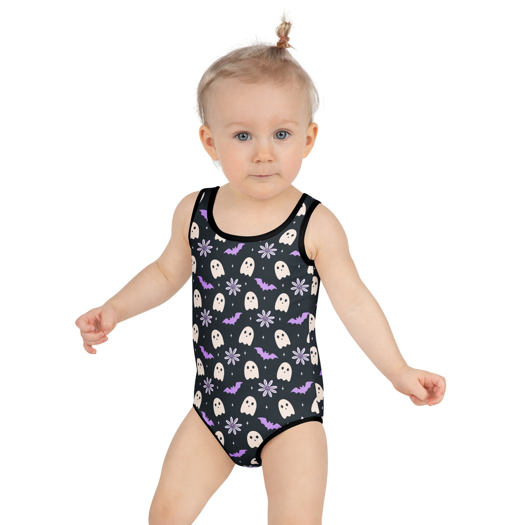 Girls Purple Floral Halloween One Piece Swimsuit – Buttery Soft UPF 50+ Sun Protection, Quick Dry, Double Layered Front & 4-Way Stretch