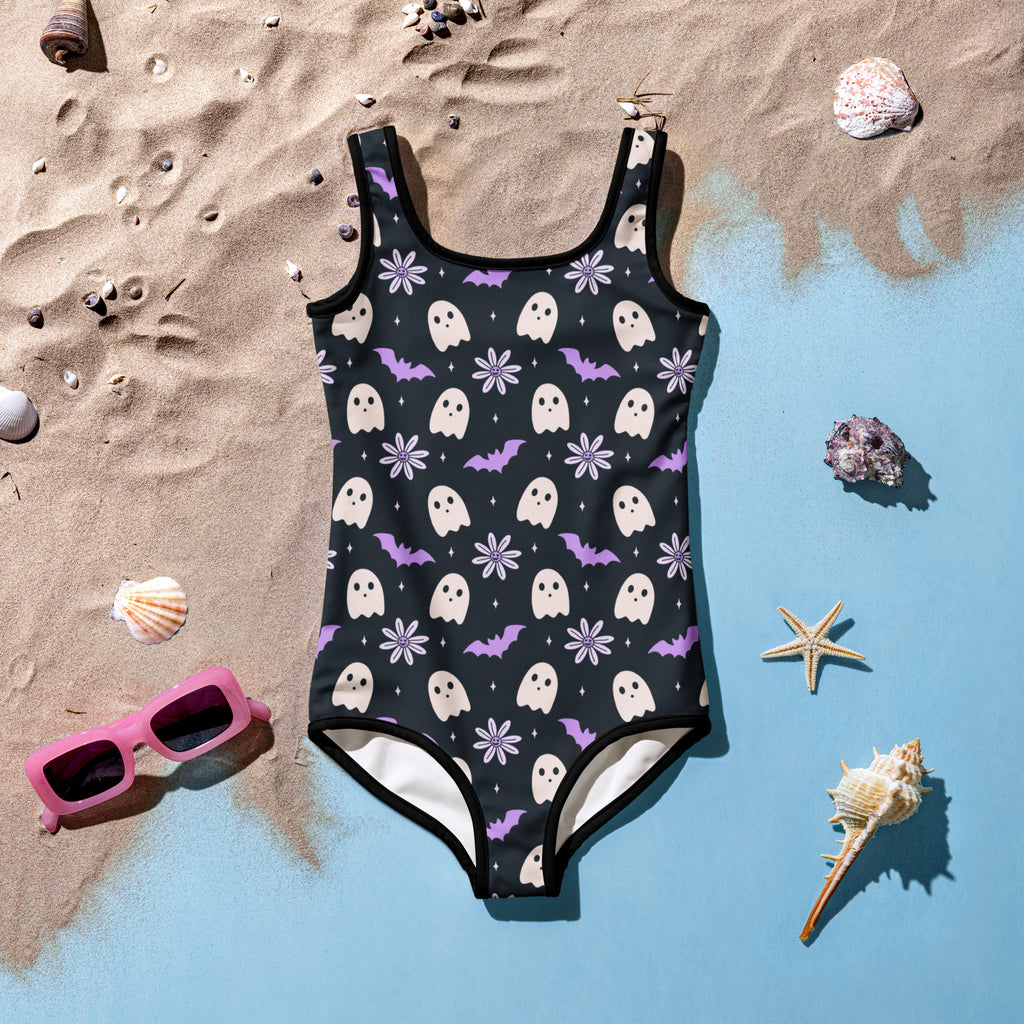 Girls Purple Floral Halloween One Piece Swimsuit – Buttery Soft UPF 50+ Sun Protection, Quick Dry, Double Layered Front & 4-Way Stretch