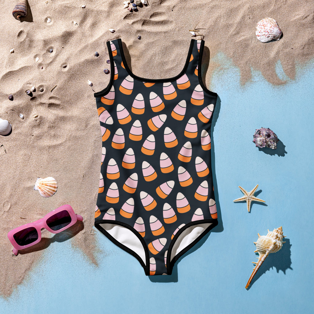 Girls Pink Candy Corn Halloween One Piece Swimsuit – Buttery Soft UPF 50+ Sun Protection, Quick Dry, Double Layered Front & 4-Way Stretch