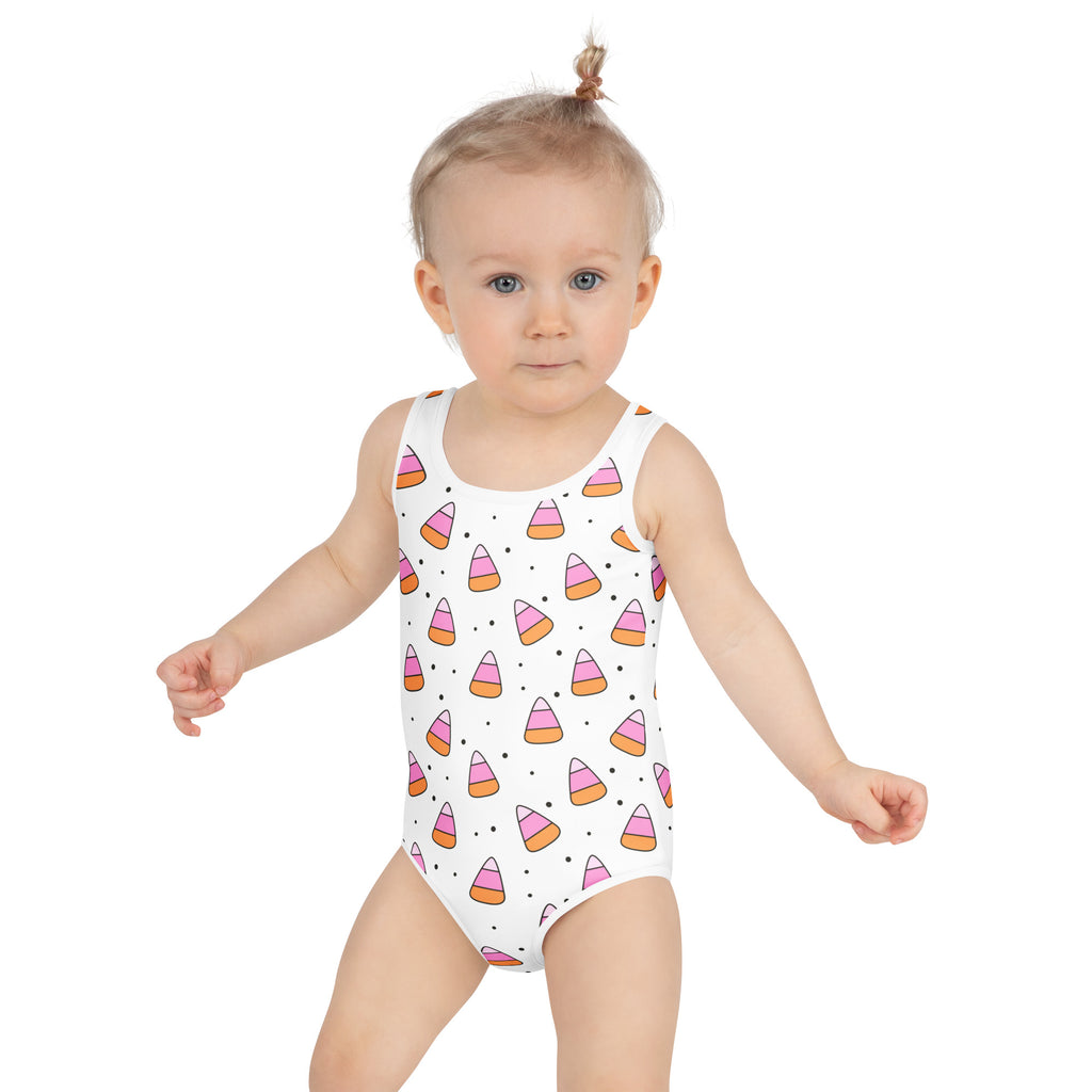 Girls White Candy Corn Halloween One Piece Swimsuit – Buttery Soft UPF 50+ Sun Protection, Quick Dry, Double Layered Front & 4-Way Stretch