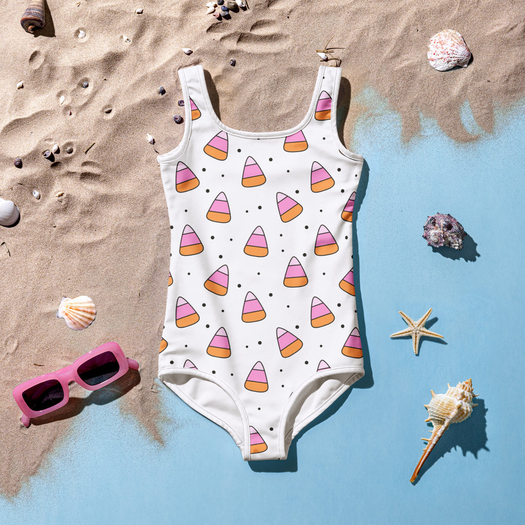 Girls White Candy Corn Halloween One Piece Swimsuit – Buttery Soft UPF 50+ Sun Protection, Quick Dry, Double Layered Front & 4-Way Stretch