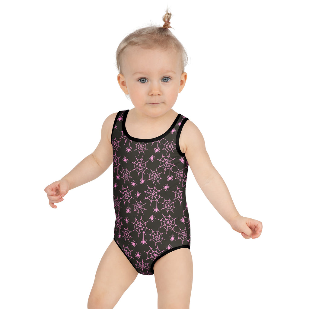 Girls Pink Spider Web Halloween One Piece Swimsuit – Buttery Soft UPF 50+ Sun Protection, Quick Dry, Double Layered Front & 4-Way Stretch
