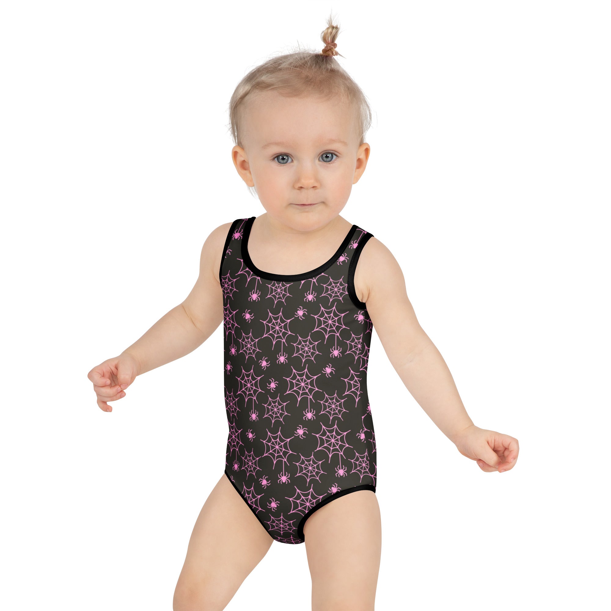 Girls Pink Spider Web Halloween One Piece Swimsuit – Buttery Soft UPF 50+ Sun Protection, Quick Dry, Double Layered Front & 4-Way Stretch