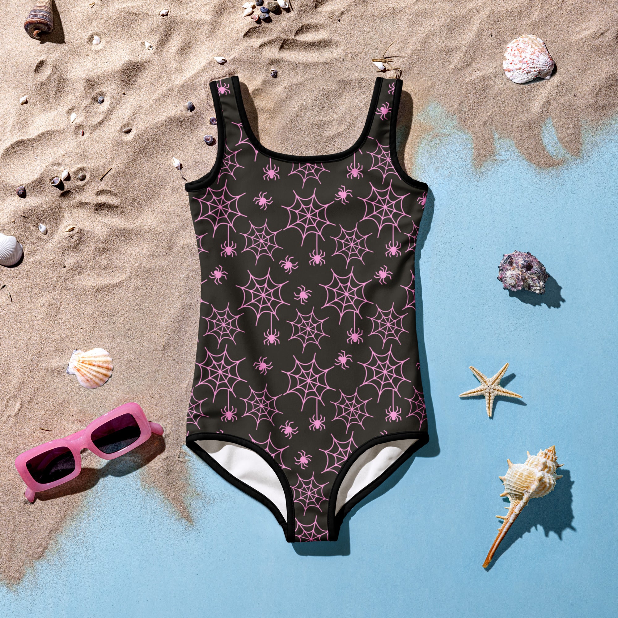 Girls Pink Spider Web Halloween One Piece Swimsuit – Buttery Soft UPF 50+ Sun Protection, Quick Dry, Double Layered Front & 4-Way Stretch