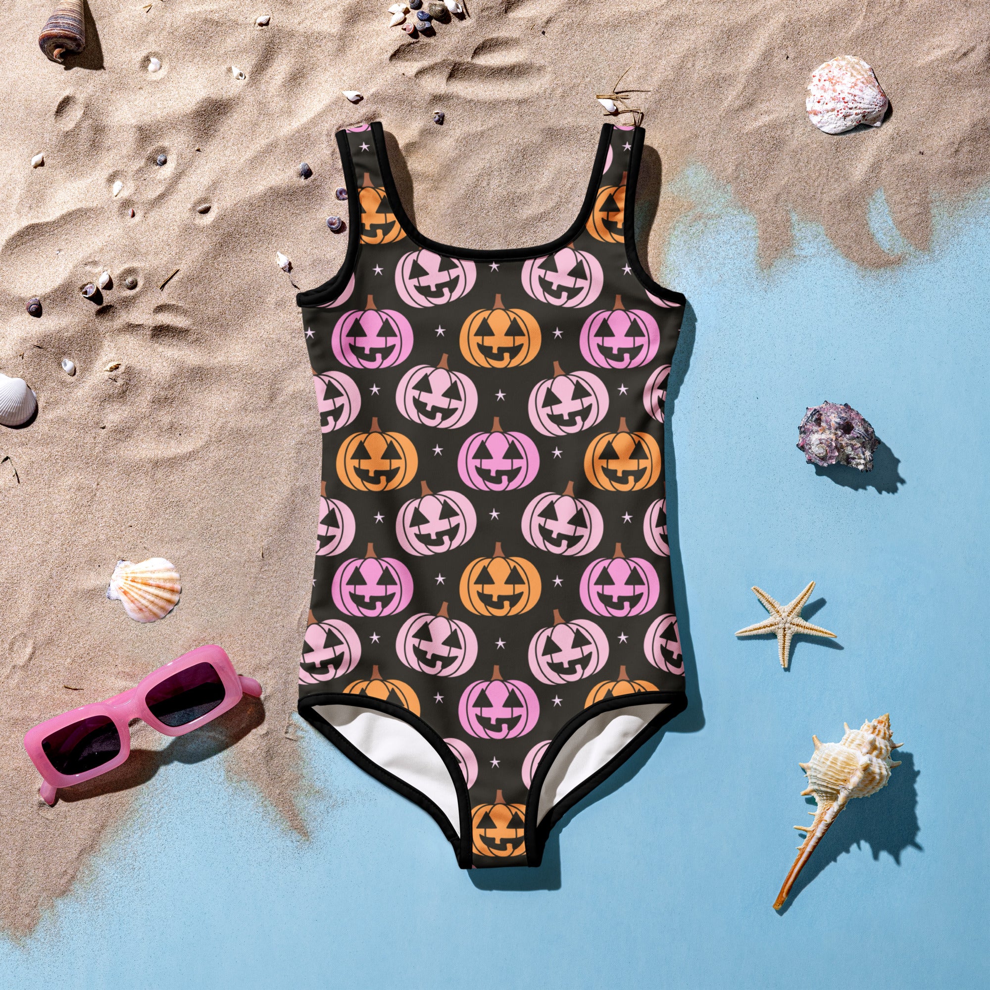 Girls Pink & Orange Jack O’ Lantern Halloween One Piece Swimsuit – Buttery Soft UPF 50+ Sun Protection, Quick Dry, Double Layered Front & 4-Way Stretch