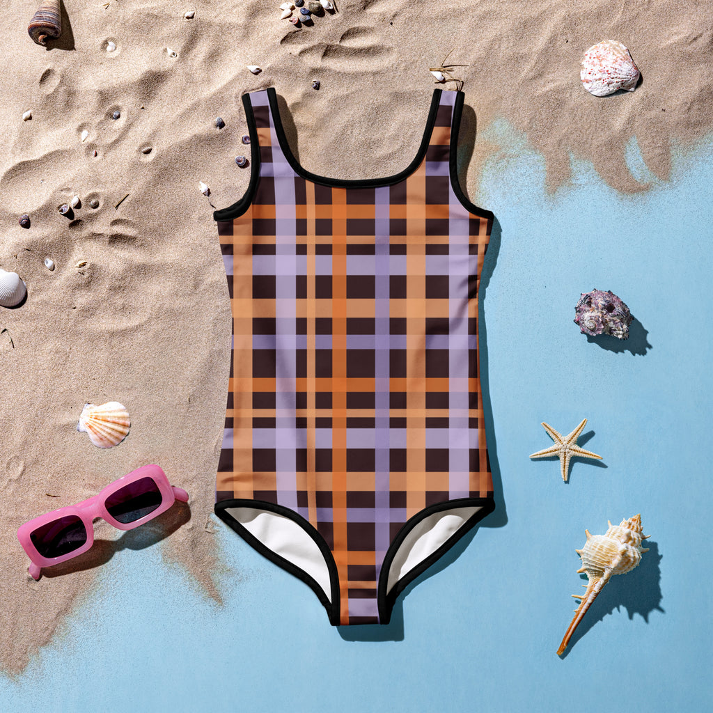 Girls Orange & Purple Halloween Plaid One Piece Swimsuit – Buttery Soft UPF 50+ Sun Protection, Quick Dry, Double Layered Front & 4-Way Stretch