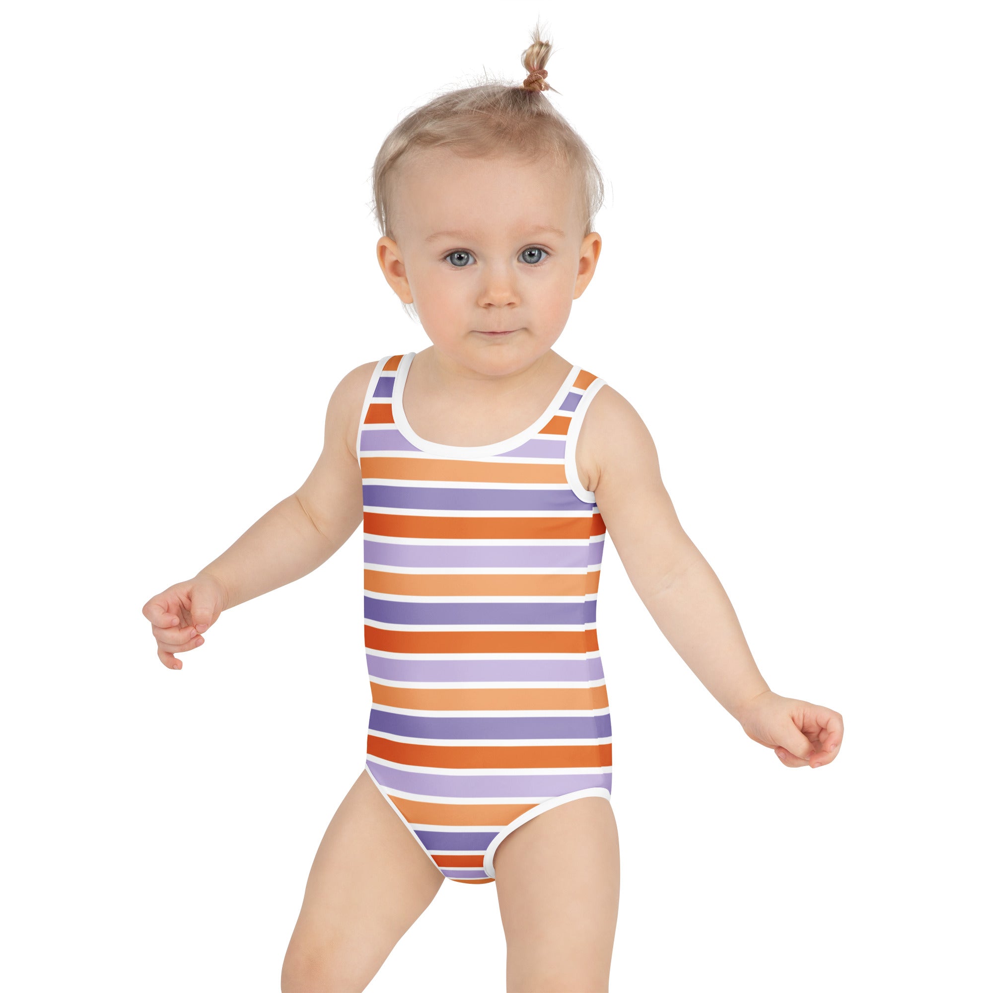 Girls Orange & Purple Striped Halloween One Piece Swimsuit – Buttery Soft UPF 50+ Sun Protection, Quick Dry, Double Layered Front & 4-Way Stretch