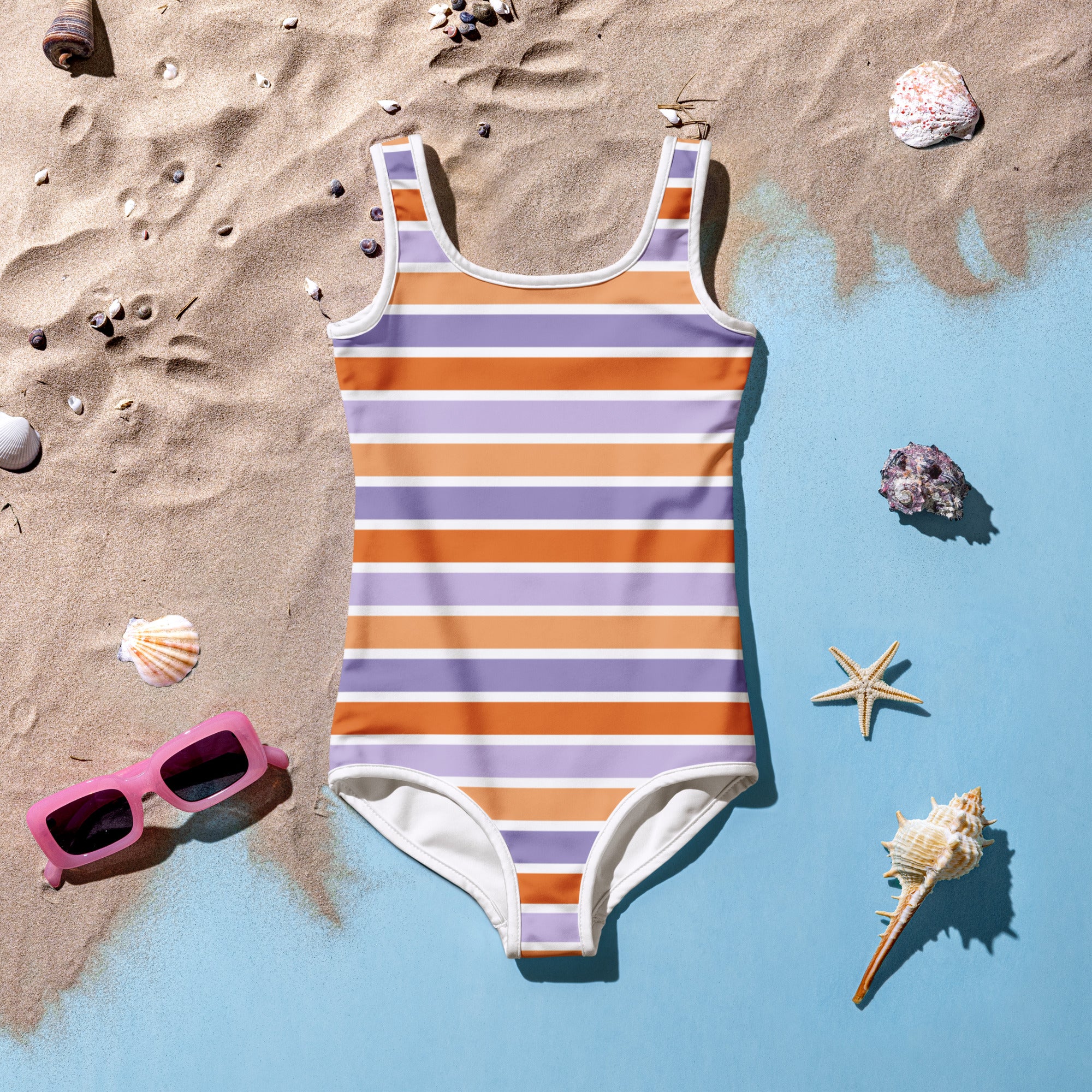 Girls Orange & Purple Striped Halloween One Piece Swimsuit – Buttery Soft UPF 50+ Sun Protection, Quick Dry, Double Layered Front & 4-Way Stretch