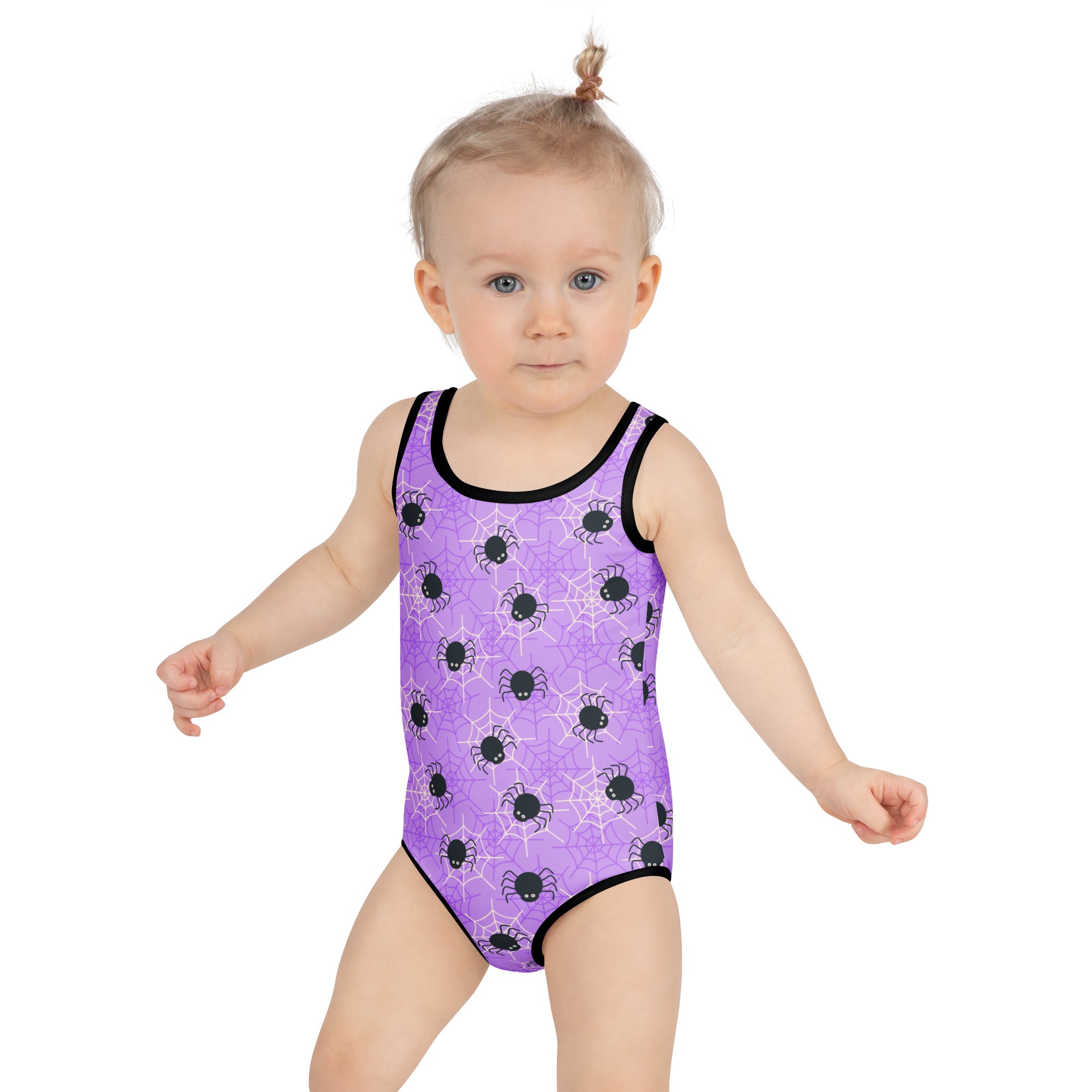 Girls Purple Spider Web Halloween One Piece Swimsuit – Buttery Soft UPF 50+ Sun Protection, Quick Dry, Double Layered Front & 4-Way Stretch