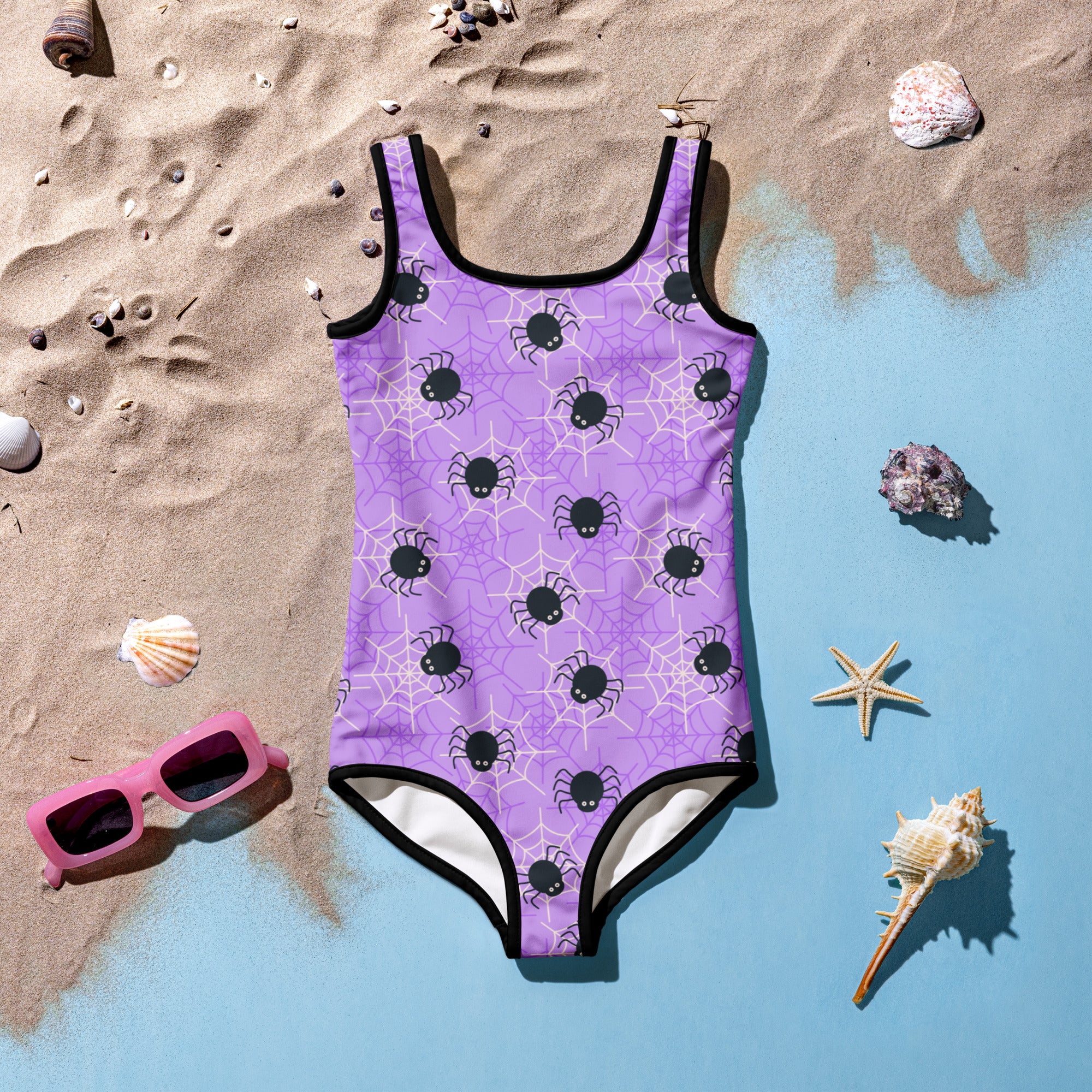Girls Purple Spider Web Halloween One Piece Swimsuit – Buttery Soft UPF 50+ Sun Protection, Quick Dry, Double Layered Front & 4-Way Stretch