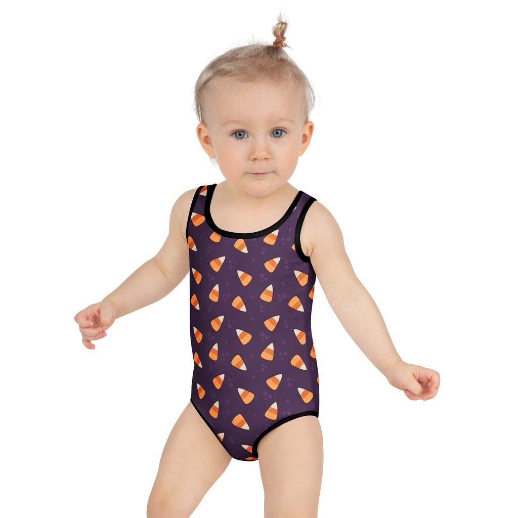 Girls Dark Purple Candy Corn Halloween One Piece Swimsuit – Buttery Soft UPF 50+ Sun Protection, Quick Dry, Double Layered Front & 4-Way Stretch