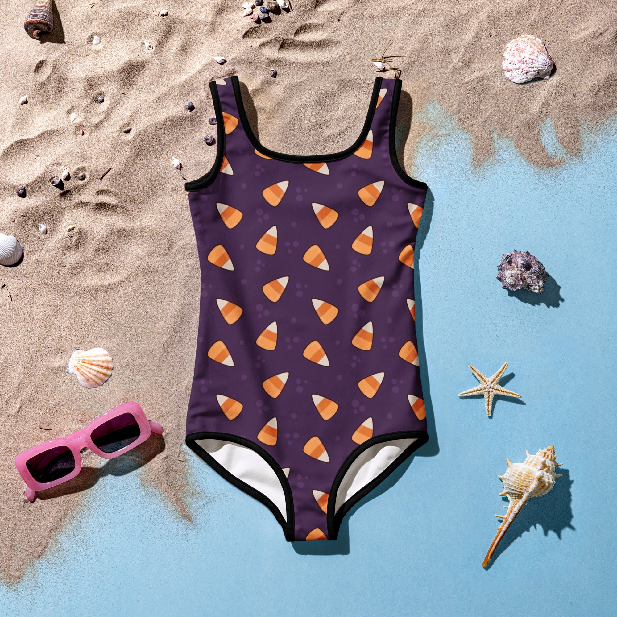 Girls Dark Purple Candy Corn Halloween One Piece Swimsuit – Buttery Soft UPF 50+ Sun Protection, Quick Dry, Double Layered Front & 4-Way Stretch