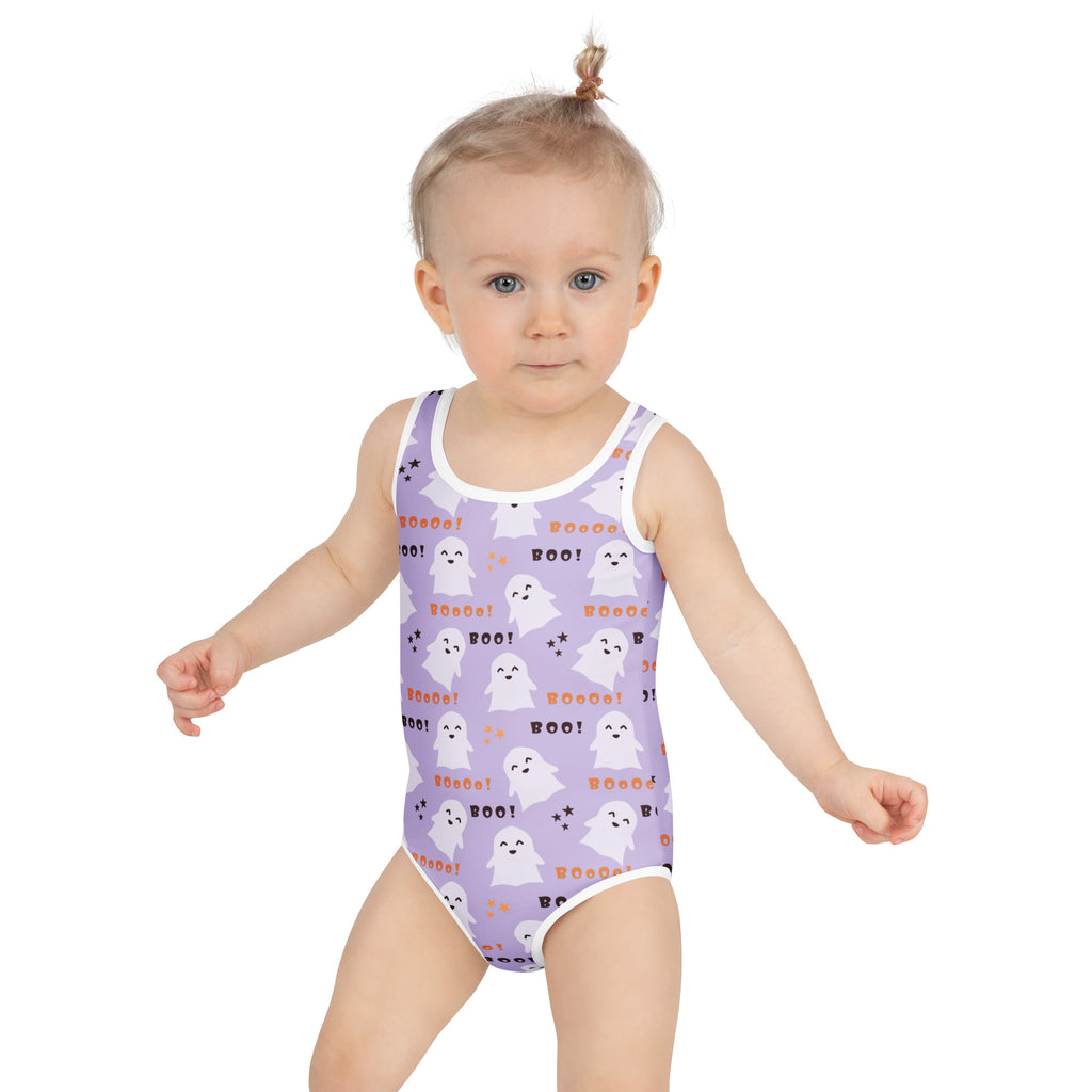 Girls Purple Ghosts Halloween One Piece Swimsuit – Buttery Soft UPF 50+ Sun Protection, Quick Dry, Double Layered Front & 4-Way Stretch