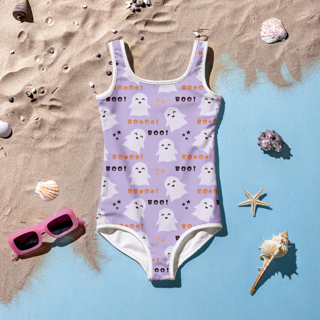 Girls Purple Ghosts Halloween One Piece Swimsuit – Buttery Soft UPF 50+ Sun Protection, Quick Dry, Double Layered Front & 4-Way Stretch