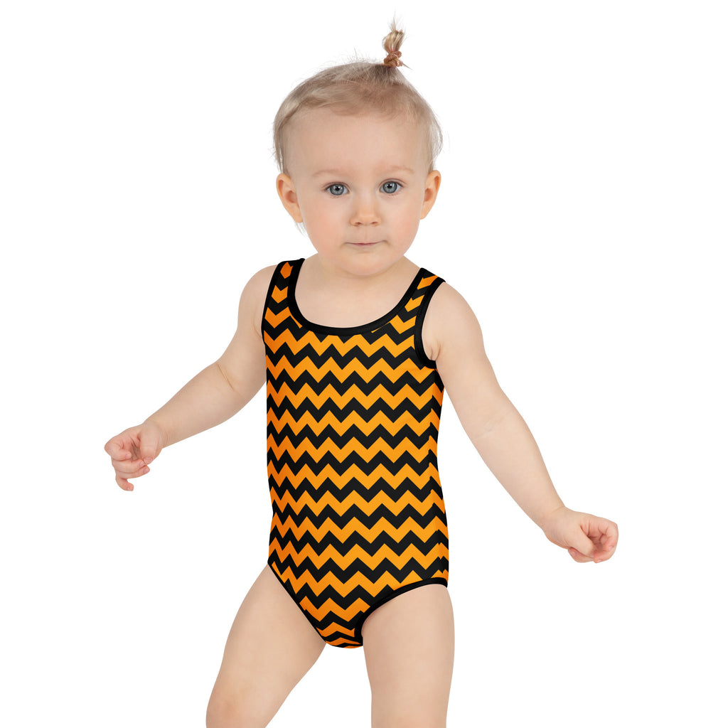 Girls Orange Chevron One Piece Swimsuit – Buttery Soft UPF 50+ Sun Protection, Quick Dry, Double Layered Front & 4-Way Stretch