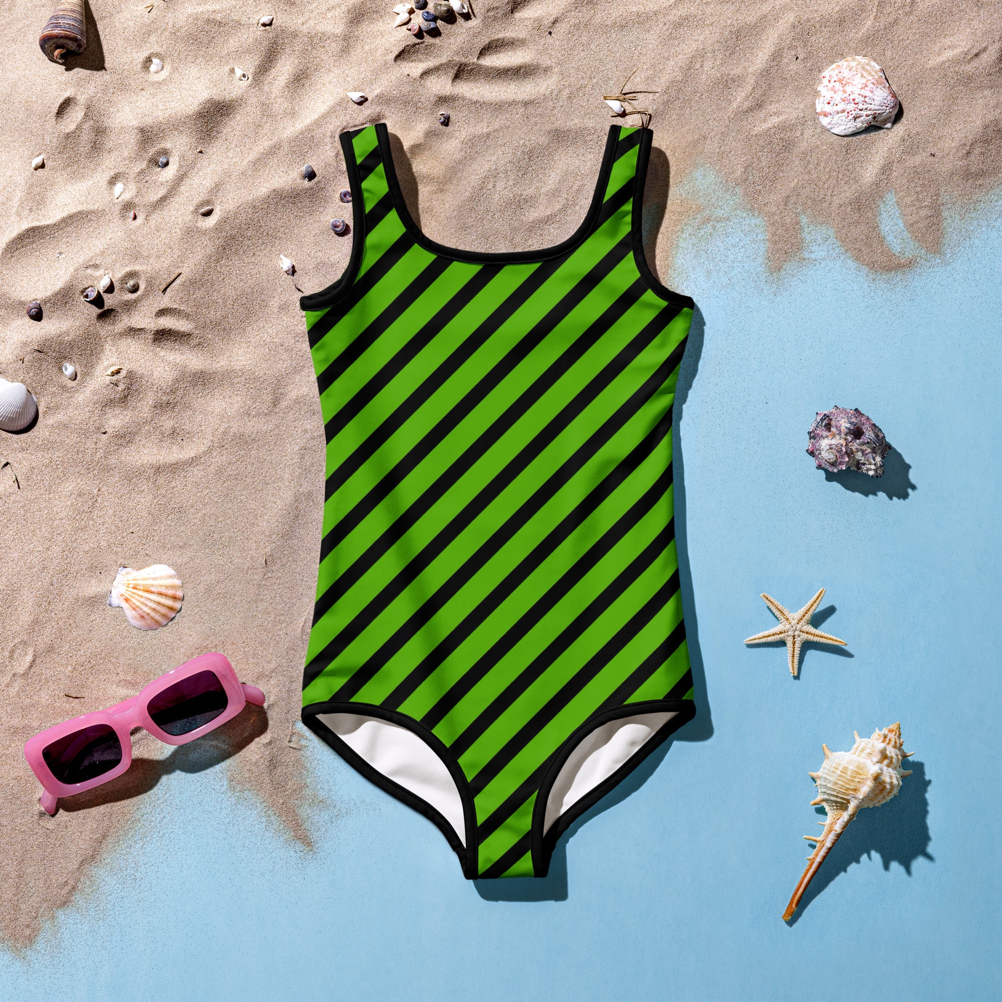 Girls Green Striped One Piece Swimsuit – Buttery Soft UPF 50+ Sun Protection, Quick Dry, Double Layered Front & 4-Way Stretch