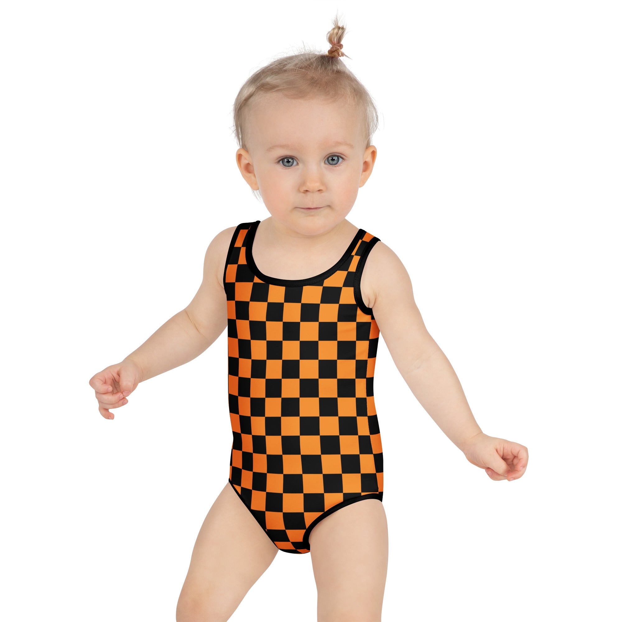 Girls Orange Checkered Halloween One Piece Swimsuit – Buttery Soft UPF 50+ Sun Protection, Quick Dry, Double Layered Front & 4-Way Stretch