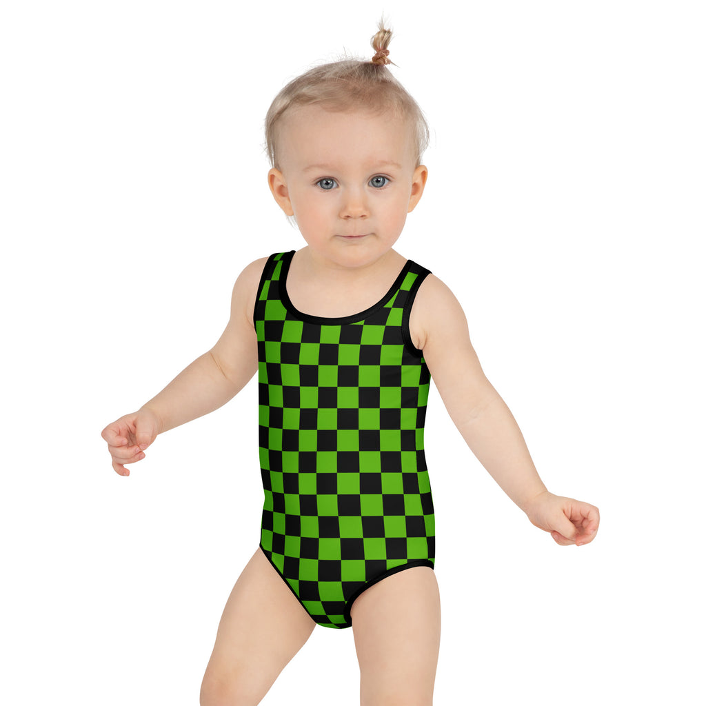 Girls Green Checkered Halloween One Piece Swimsuit – Buttery Soft UPF 50+ Sun Protection, Quick Dry, Double Layered Front & 4-Way Stretch