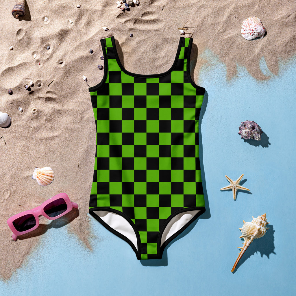 Girls Green Checkered Halloween One Piece Swimsuit – Buttery Soft UPF 50+ Sun Protection, Quick Dry, Double Layered Front & 4-Way Stretch