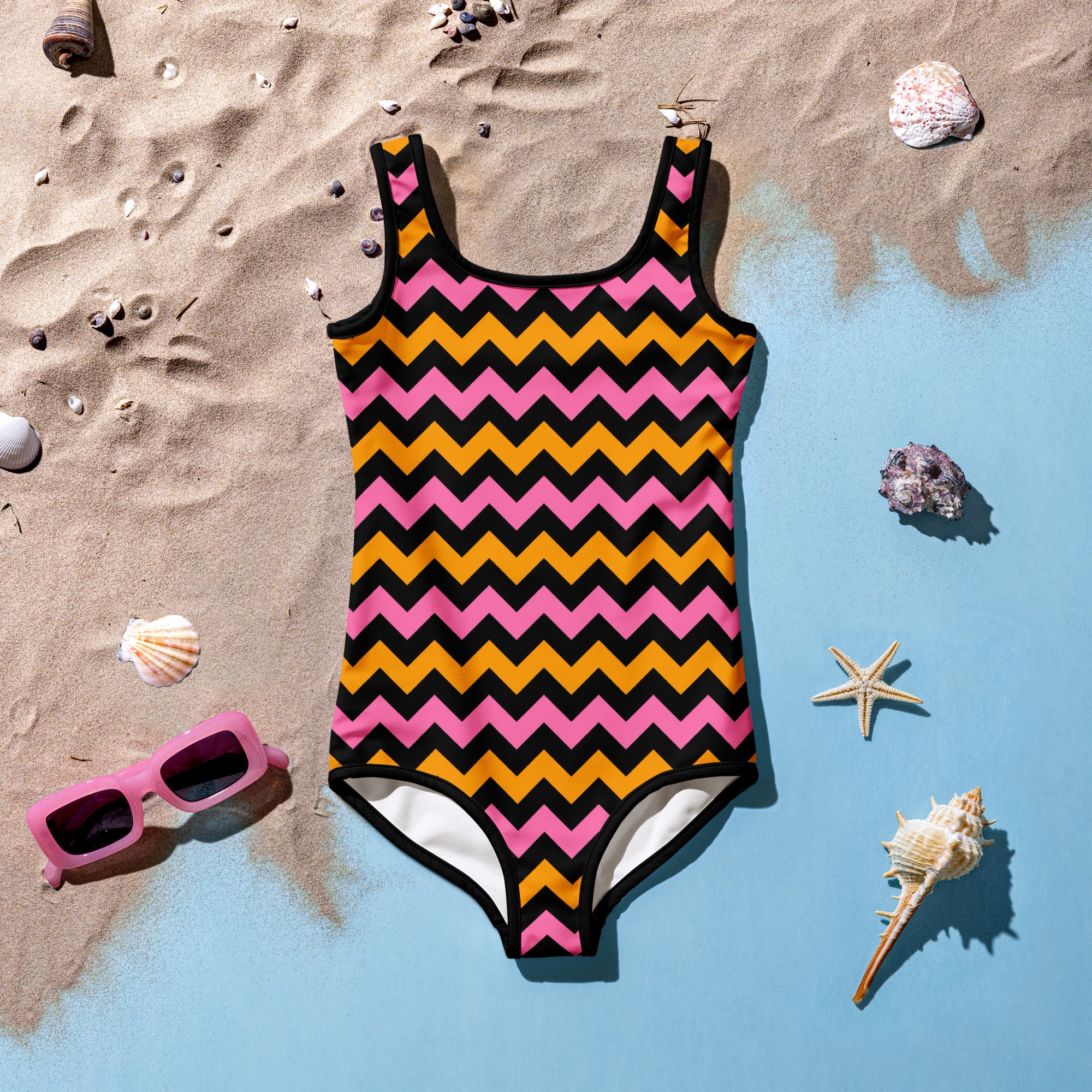 Girls Pink Orange Chevron Halloween One Piece Swimsuit – Buttery Soft UPF 50+ Sun Protection, Quick Dry, Double Layered Front & 4-Way Stretch
