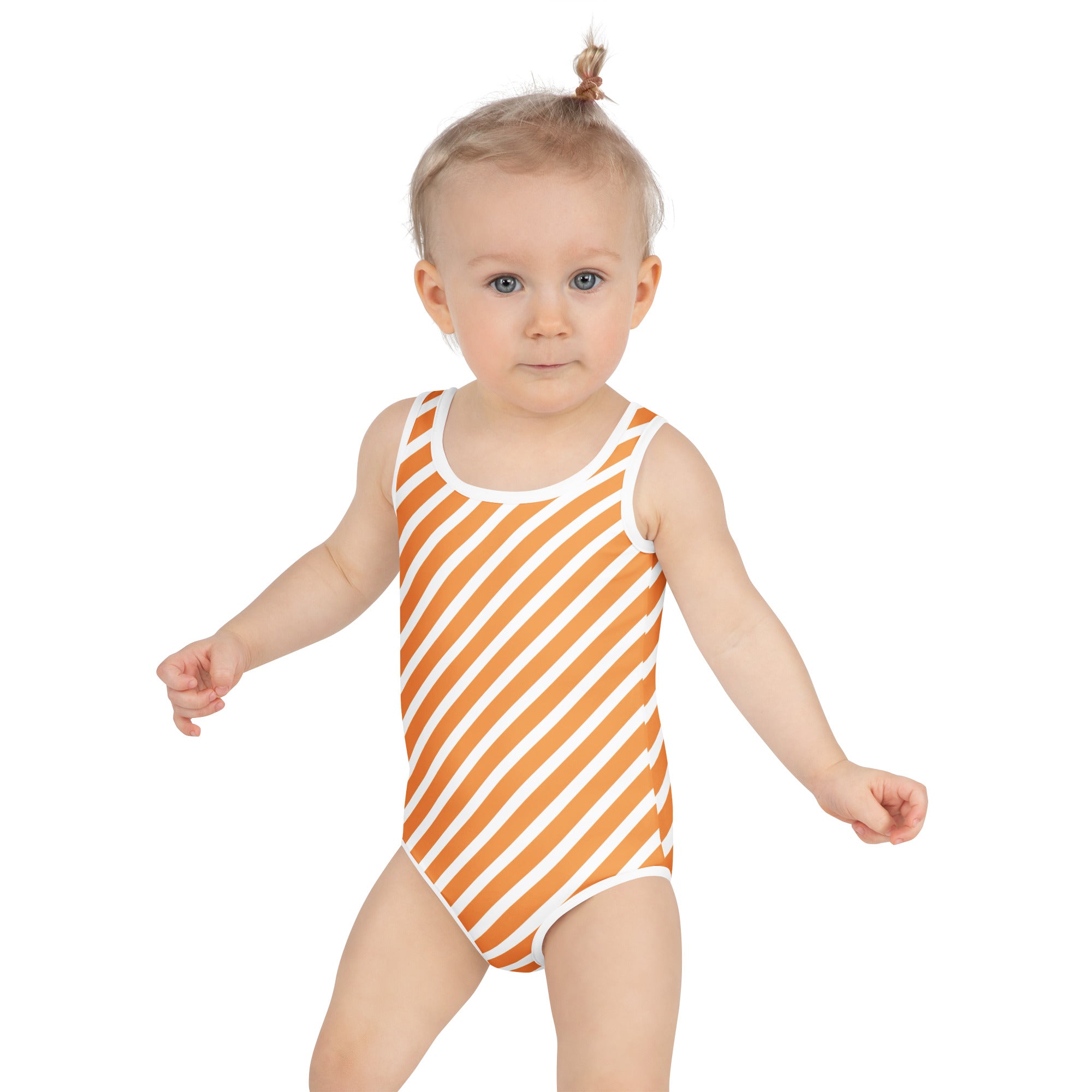Girls Orange White Striped One Piece Swimsuit – Buttery Soft UPF 50+ Sun Protection, Quick Dry, Double Layered Front & 4-Way Stretch