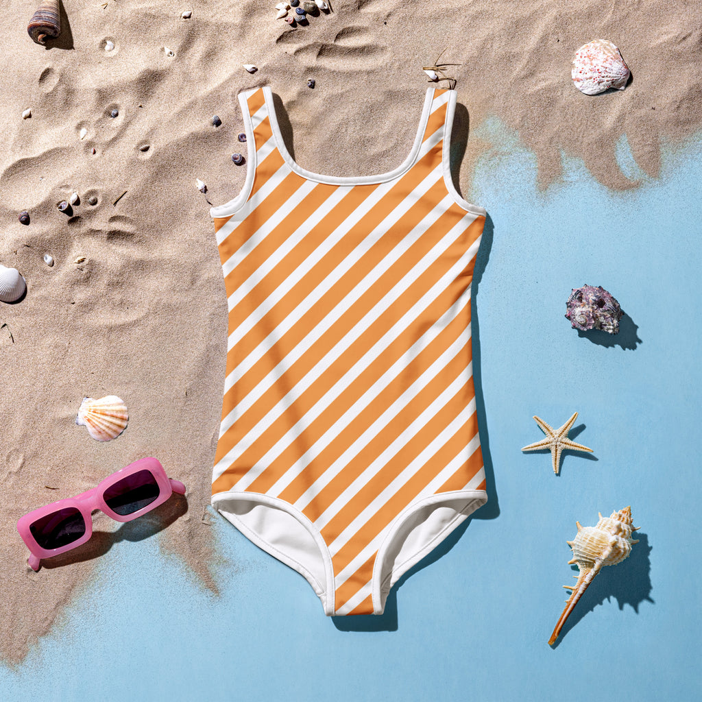 Girls Orange White Striped One Piece Swimsuit – Buttery Soft UPF 50+ Sun Protection, Quick Dry, Double Layered Front & 4-Way Stretch