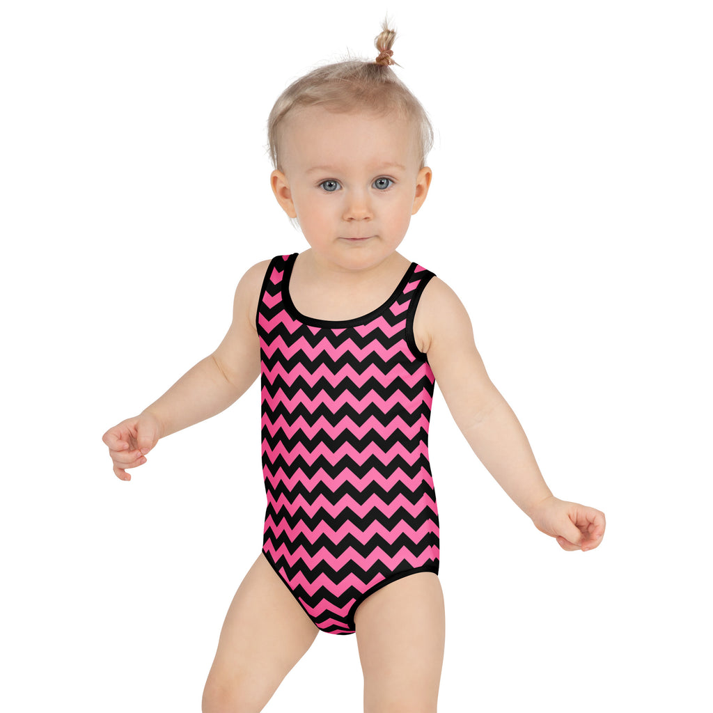Girls Pink Chevron One Piece Swimsuit – Buttery Soft UPF 50+ Sun Protection, Quick Dry, Double Layered Front & 4-Way Stretch