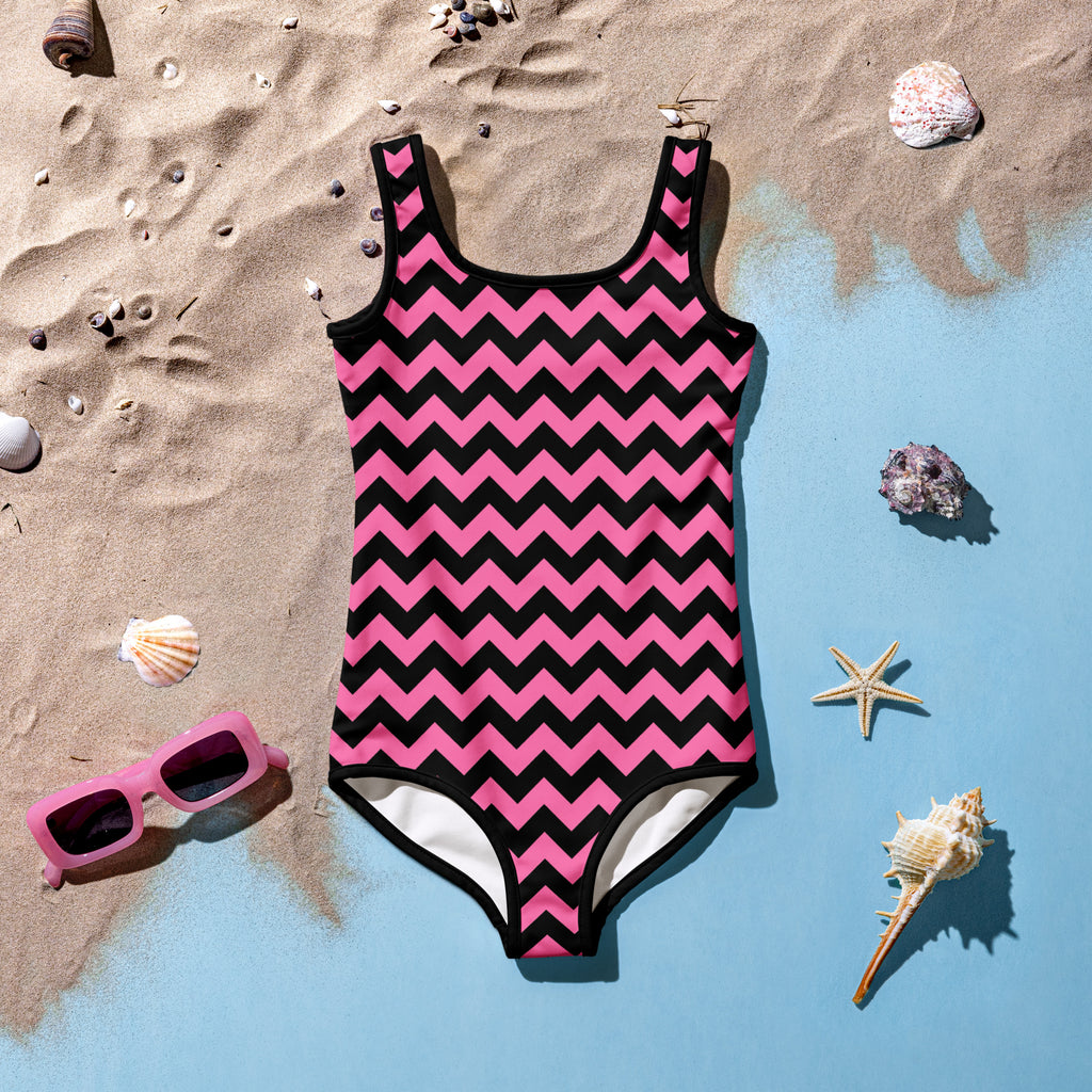 Girls Pink Chevron One Piece Swimsuit – Buttery Soft UPF 50+ Sun Protection, Quick Dry, Double Layered Front & 4-Way Stretch