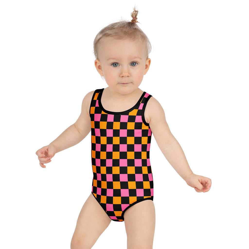 Girls Pink Orange Checkered Halloween One Piece Swimsuit – Buttery Soft UPF 50+ Sun Protection, Quick Dry, Double Layered Front & 4-Way Stretch