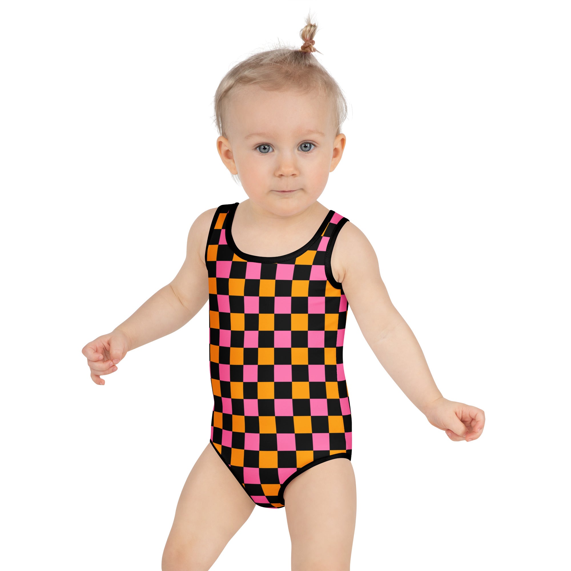 Girls Pink Orange Checkered Halloween One Piece Swimsuit – Buttery Soft UPF 50+ Sun Protection, Quick Dry, Double Layered Front & 4-Way Stretch