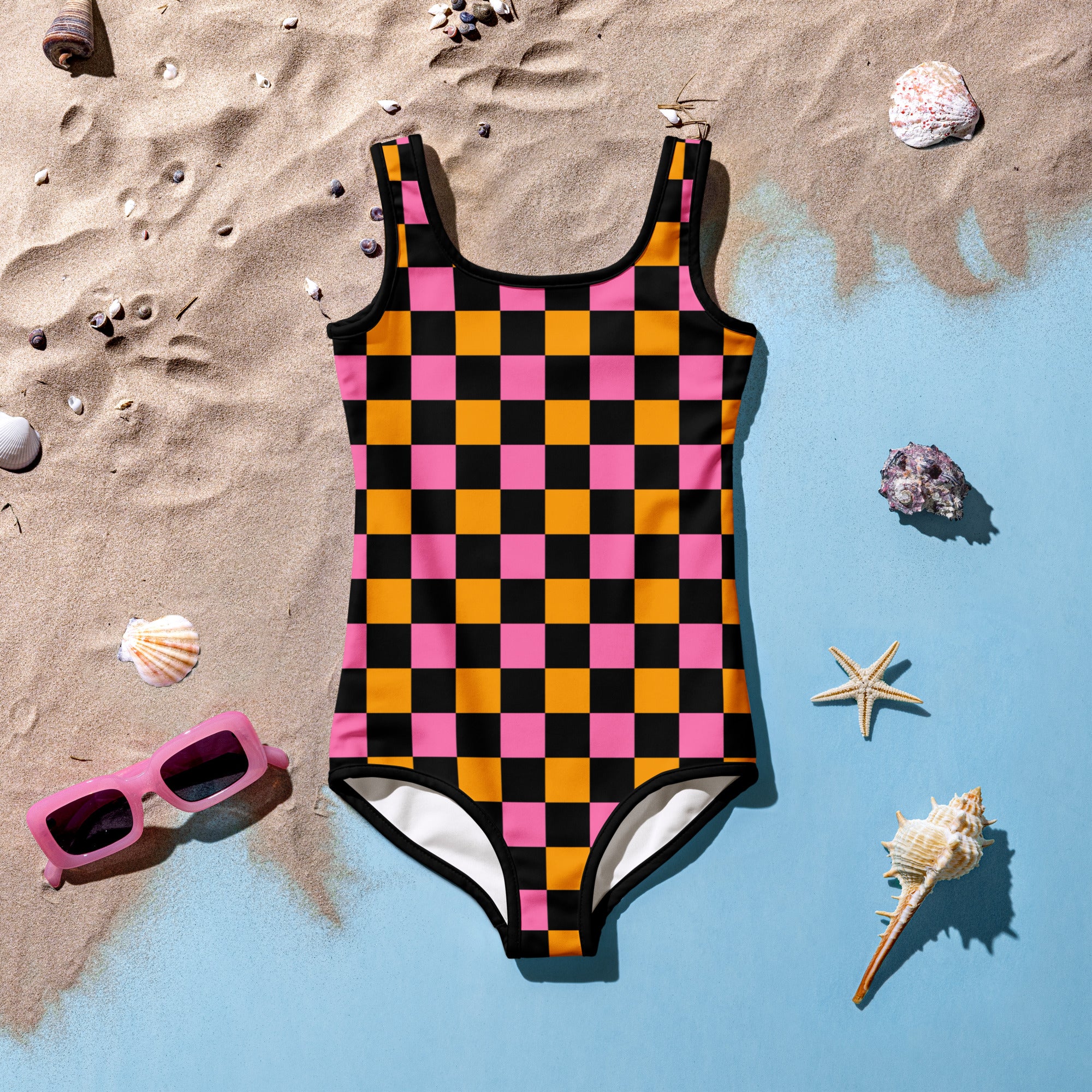 Girls Pink Orange Checkered Halloween One Piece Swimsuit – Buttery Soft UPF 50+ Sun Protection, Quick Dry, Double Layered Front & 4-Way Stretch
